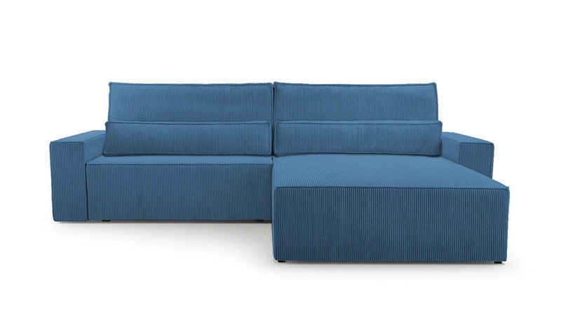 MOEBLO Ecksofa aus Cord DENVER L, Ottomane beidseitig montierbar Couch Cord für Wohnzimmer Schlafsofa Sofagarnitur Sofa Eckcouch L-Form Cordstoff - 290x85x200cm, mit Schlaffunktion und Bettkasten