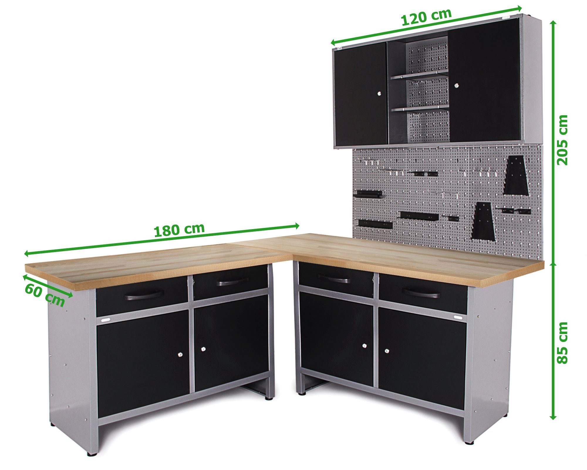 ONDIS24 Werkstatt-Set Ecklösung Werkzeugschrank Iconic 120 60 One, Werkbank cm Buchenholzarbeitsplatte, 