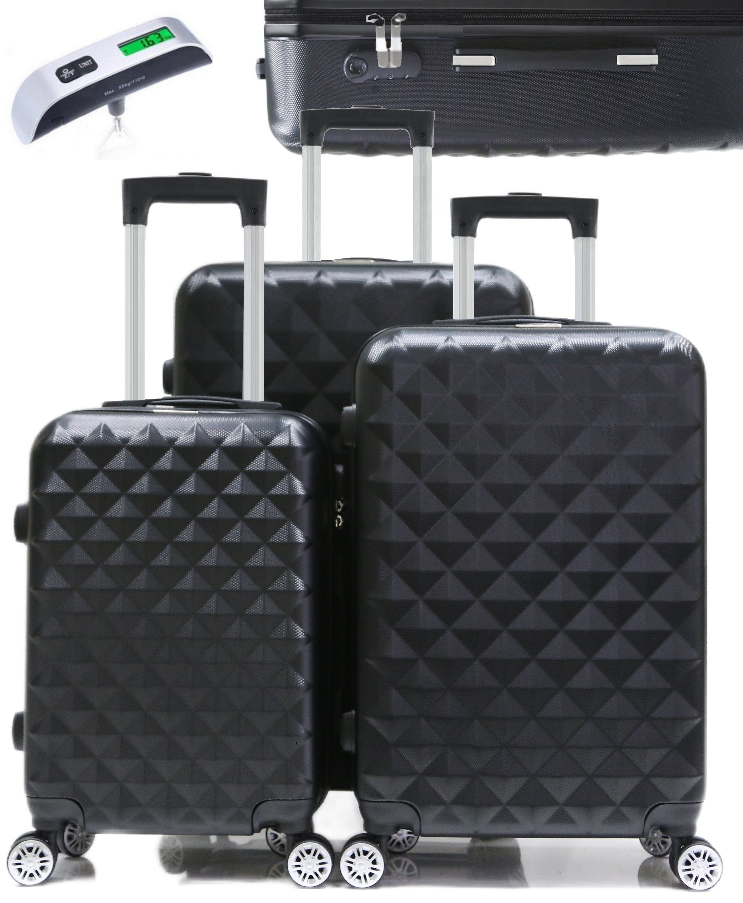 KESSMANN Kofferset 3 teilig Hartschalenkofferset M L XL Koffer + Digitale Kofferwaage, 4 Rollen, (Reisekofferset, 4 tlg., Schloss Teleskopgriff Gepäck Urlaub Zubehör Reise Hartschale Trolley), Reisetasche Kofferset groß mittel klein Handgepäck Gepäck Rollkoffer