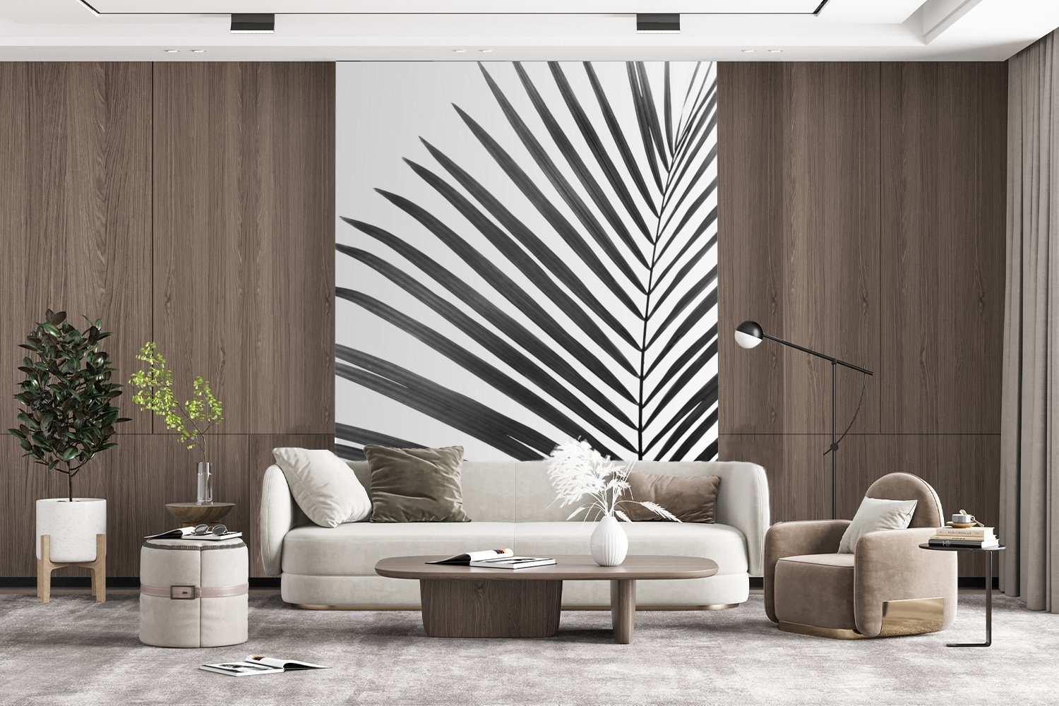 Wohnzimmer, Montagefertig bedruckt, MuchoWow - (4 - für Schwarz Vinyl Pflanze Blatt, St), weiß Wandtapete und Matt, Natur Tapete - Fototapete