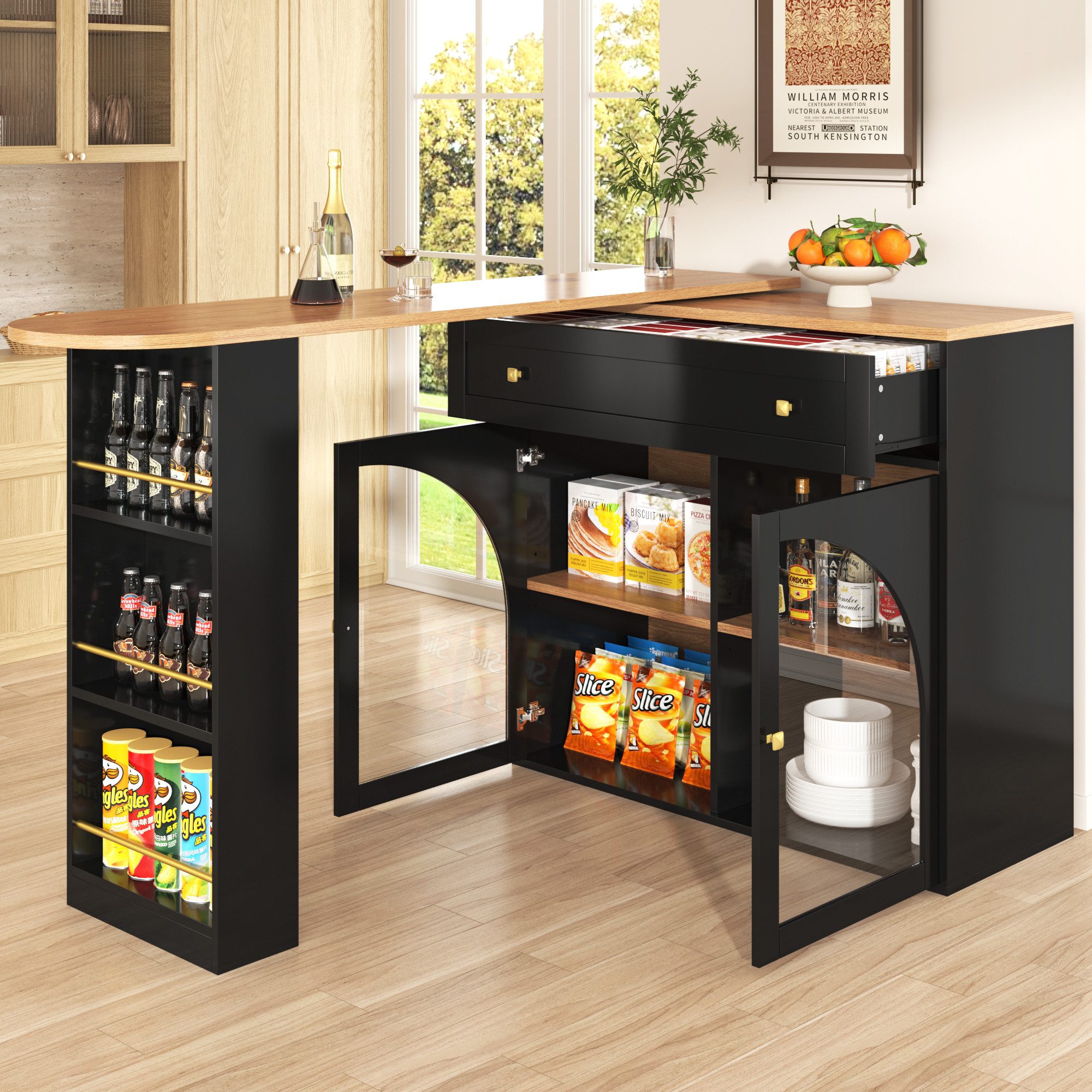 Flieks Bartisch 360° drehbar Stehtisch mit Kommode (Länge 138-204 cm, 1-St., mit verstellbare Einlegeböden), ausziehbar Esstisch mit Glastüren und Schubladen Sideboard Bistrotisch