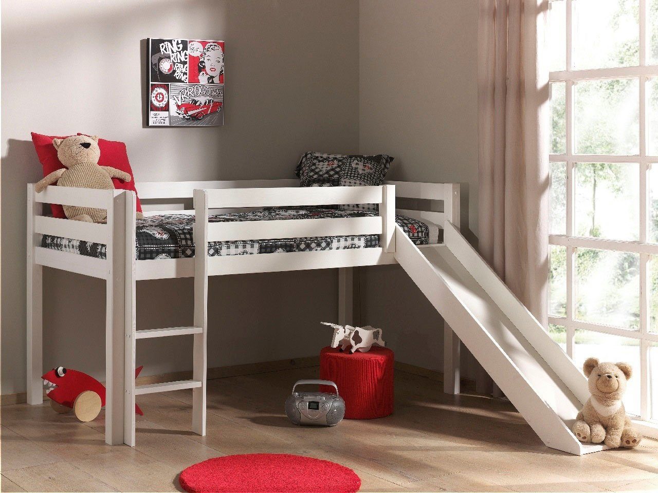 Vipack Hochbett Pino, inkl. Rolllattenrost, Leiter, Rutsche und Absturzschutz (B/H/T ca. 210x114x218cm, Kiefer massiv, stabil und standfest) in verschiedenen Farben erhältlich