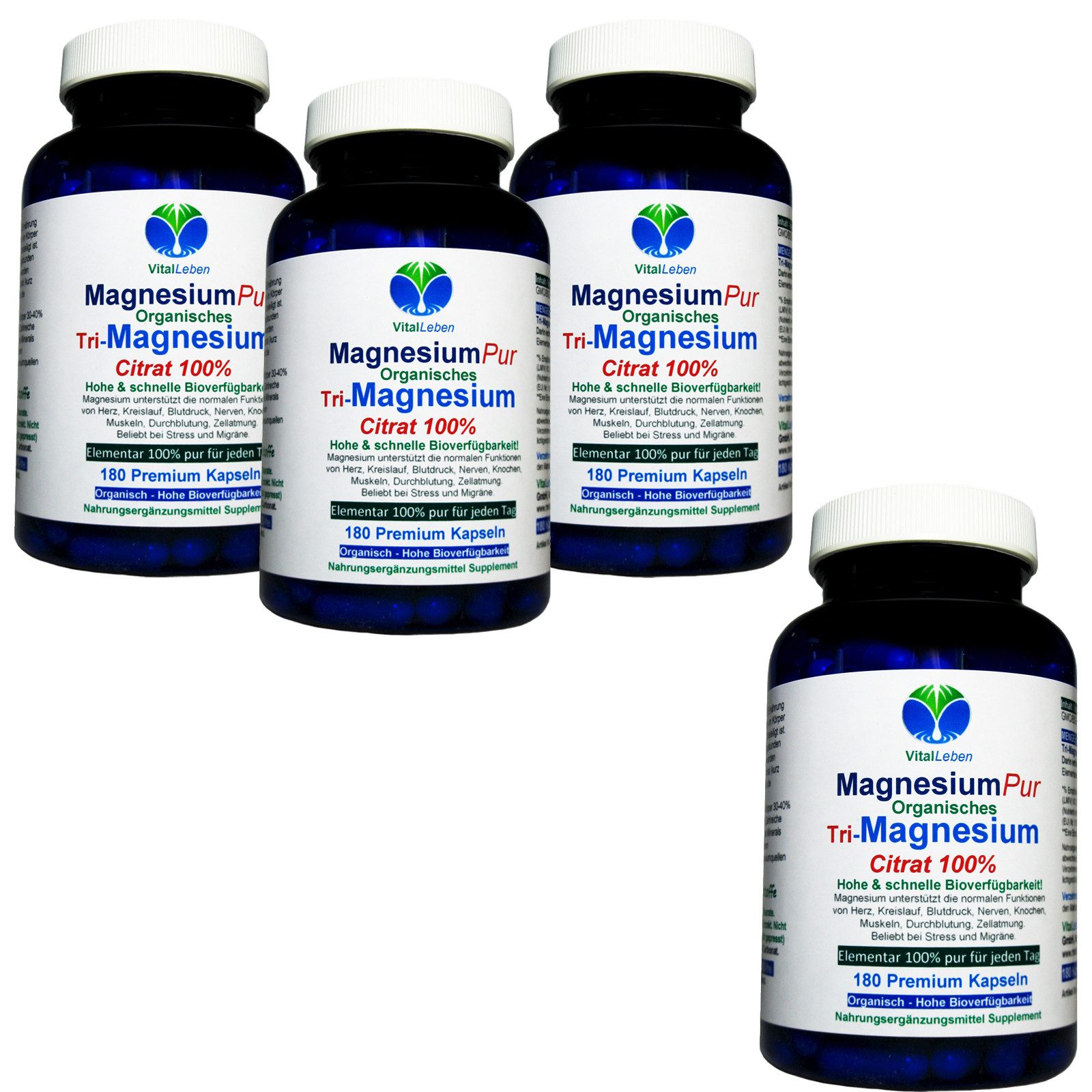 VitalLeben Magnesium Citrat organisches PREMIUM TRI-MAGNESIUMCITRAT. Elementar Kapseln, 4 er Dose à 180 St., 468 g, Art. 27140-720