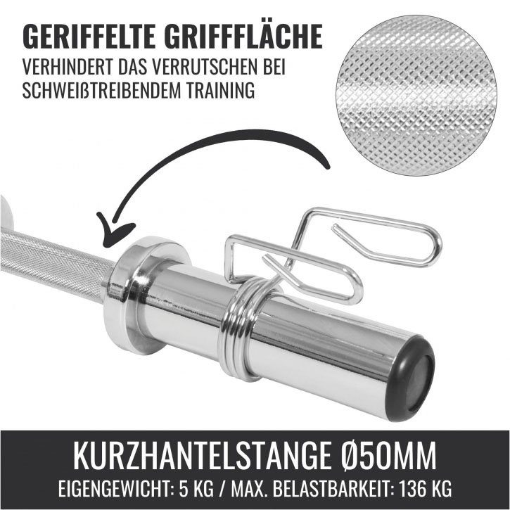 GORILLA Stange mit SPORTS Kurzhantel Chrom, Chrom cm mm Kurzhantelstange 50 50 Federverschluss,