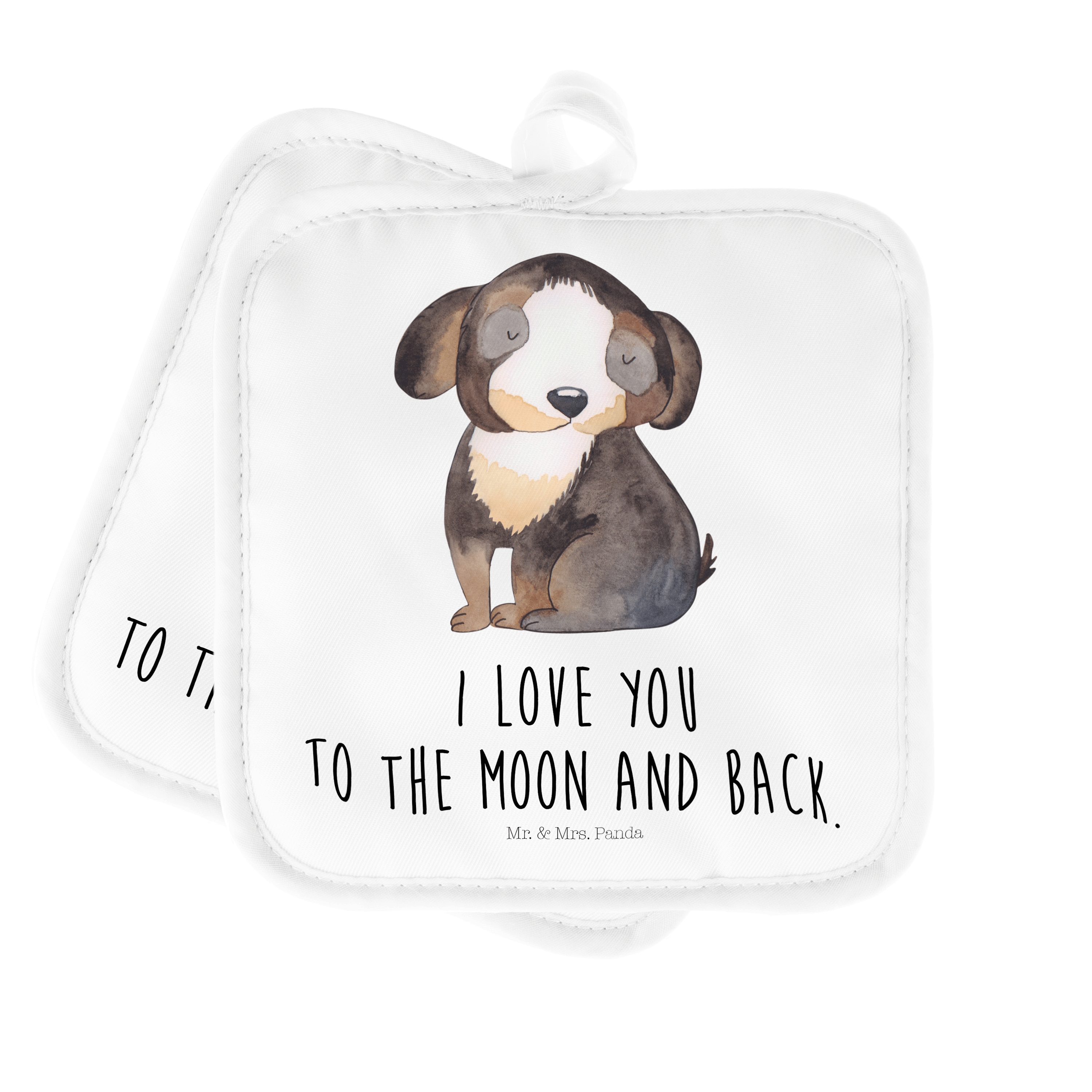 Mr. & Mrs. Panda Topflappen Hund entspannt - Weiß - Geschenk, Hundemama, Topflappen Set, Ofenhand, (1-tlg) | Topflappen