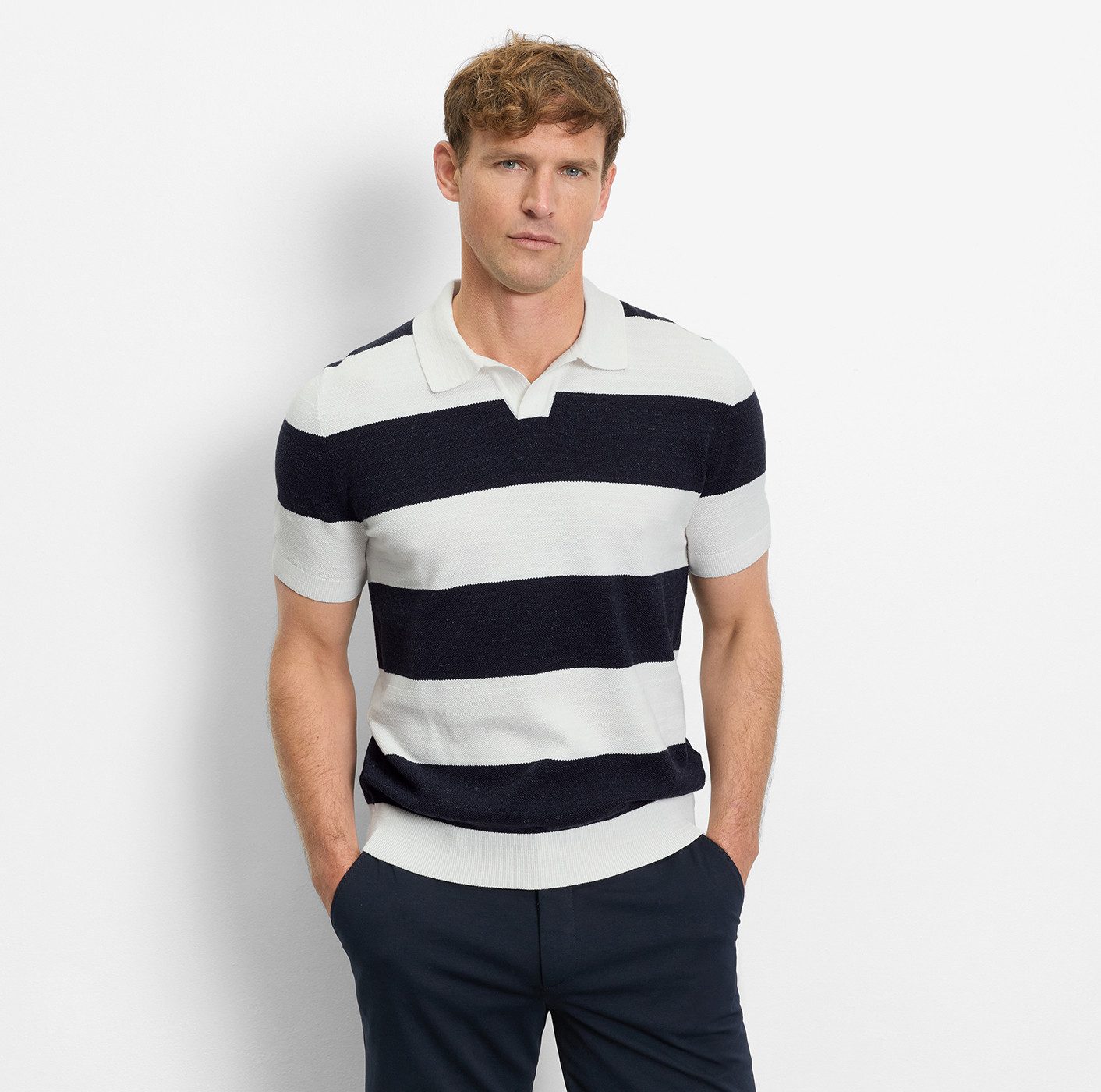 OLYMP Kurzarmshirt mit Block-Streifen und im Strick-Look