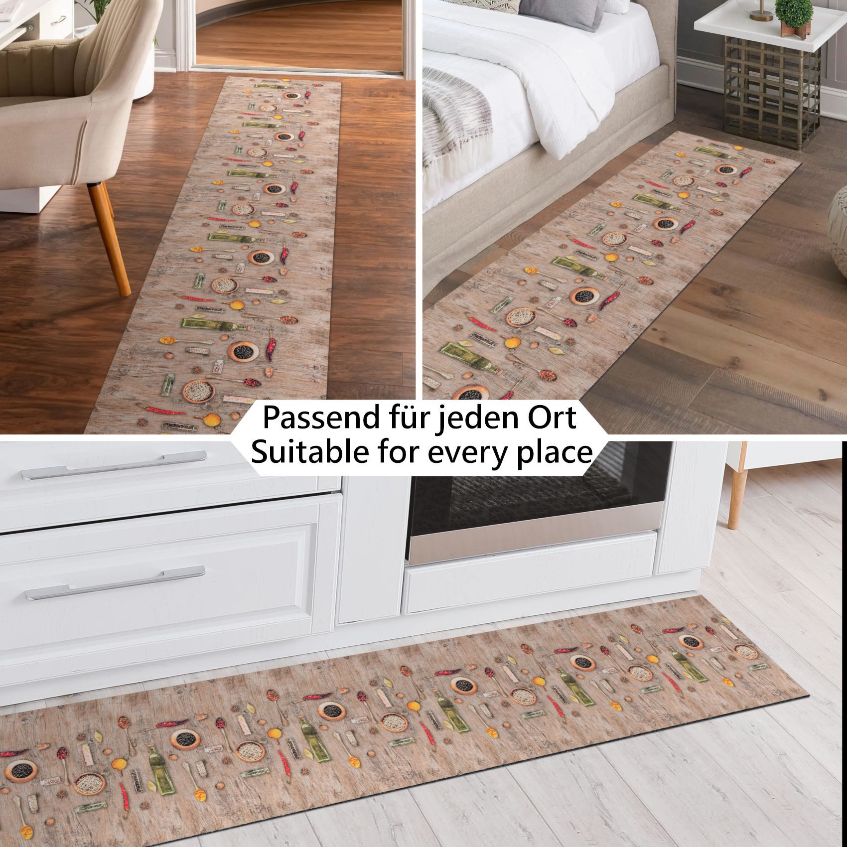 ANRO Küchenläufer RANNA Hochwertig Küchenteppich Teppich Textil, Eckig, Bodenläufer 100x65cm Gewürze auf Holz Beige pflegeleicht