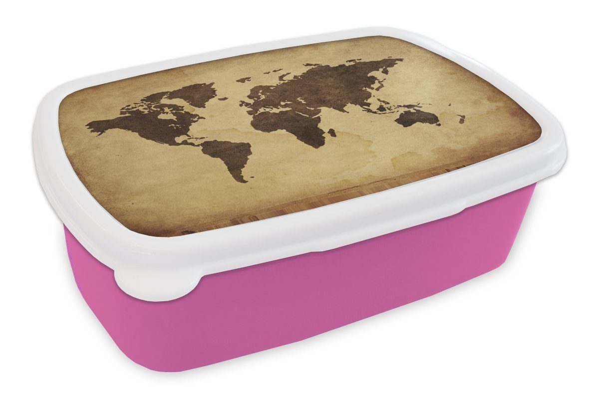 MuchoWow Lunchbox Weltkarte - Vintage, Erwachsene, Brotbox Kunststoff, (2-tlg), Mädchen, Brotdose Kinder, Snackbox, Kunststoff für rosa