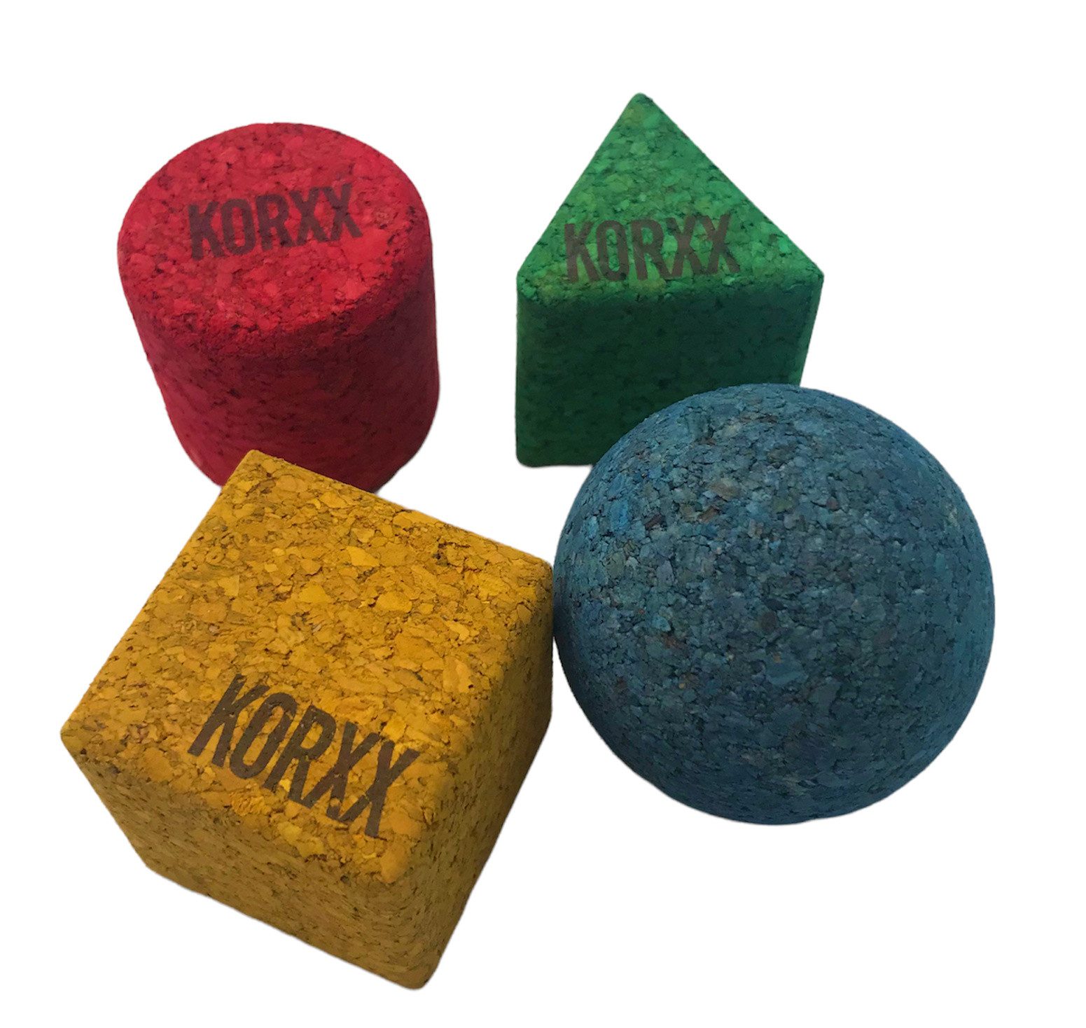 KORXX 4 bunte Bauklötze in geometrischen Formen aus KORK Конструктора, (Bausteine aus Kork in verschiedenen Formen und Farben, Geo 4 Color), Baustein zum Lernen von Formen und Цвета(ов)