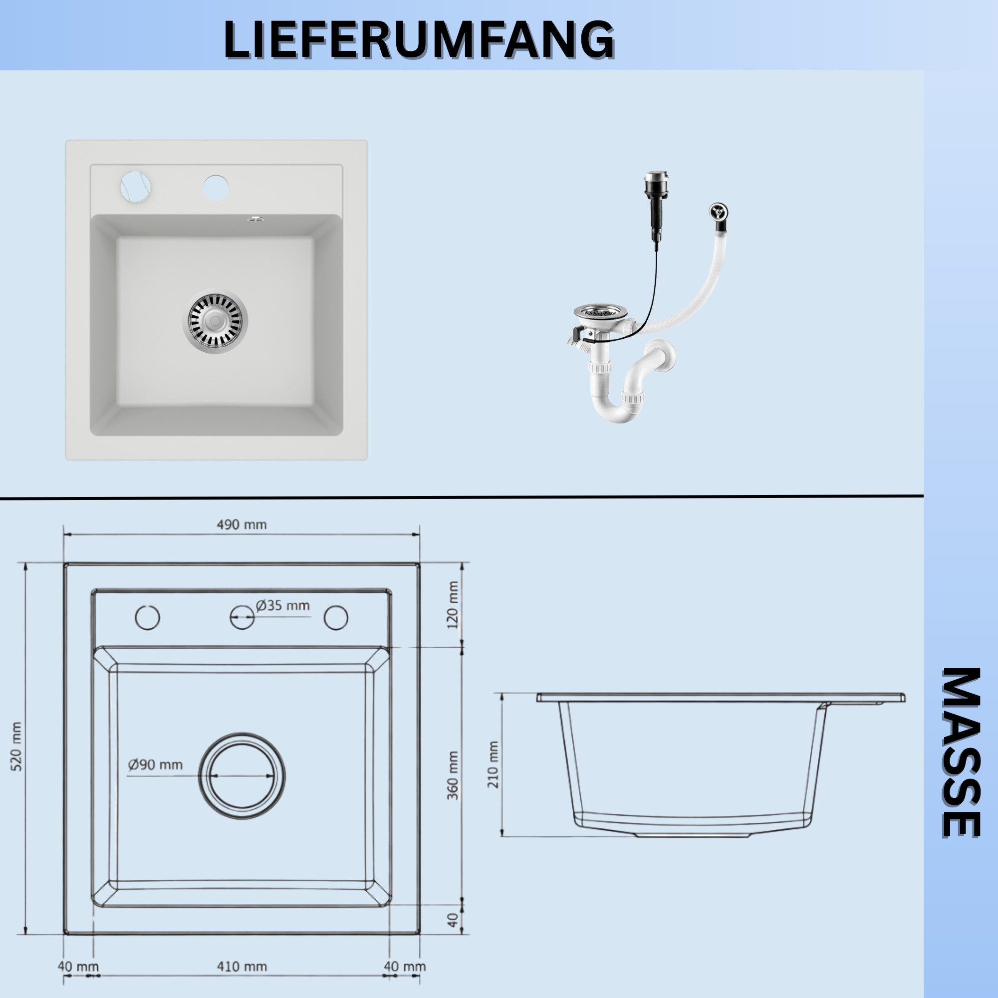 Faizee Möbel Granitspüle Graniteinbauspüle für moderne und traditionelle Küchen 49x21x52cm
