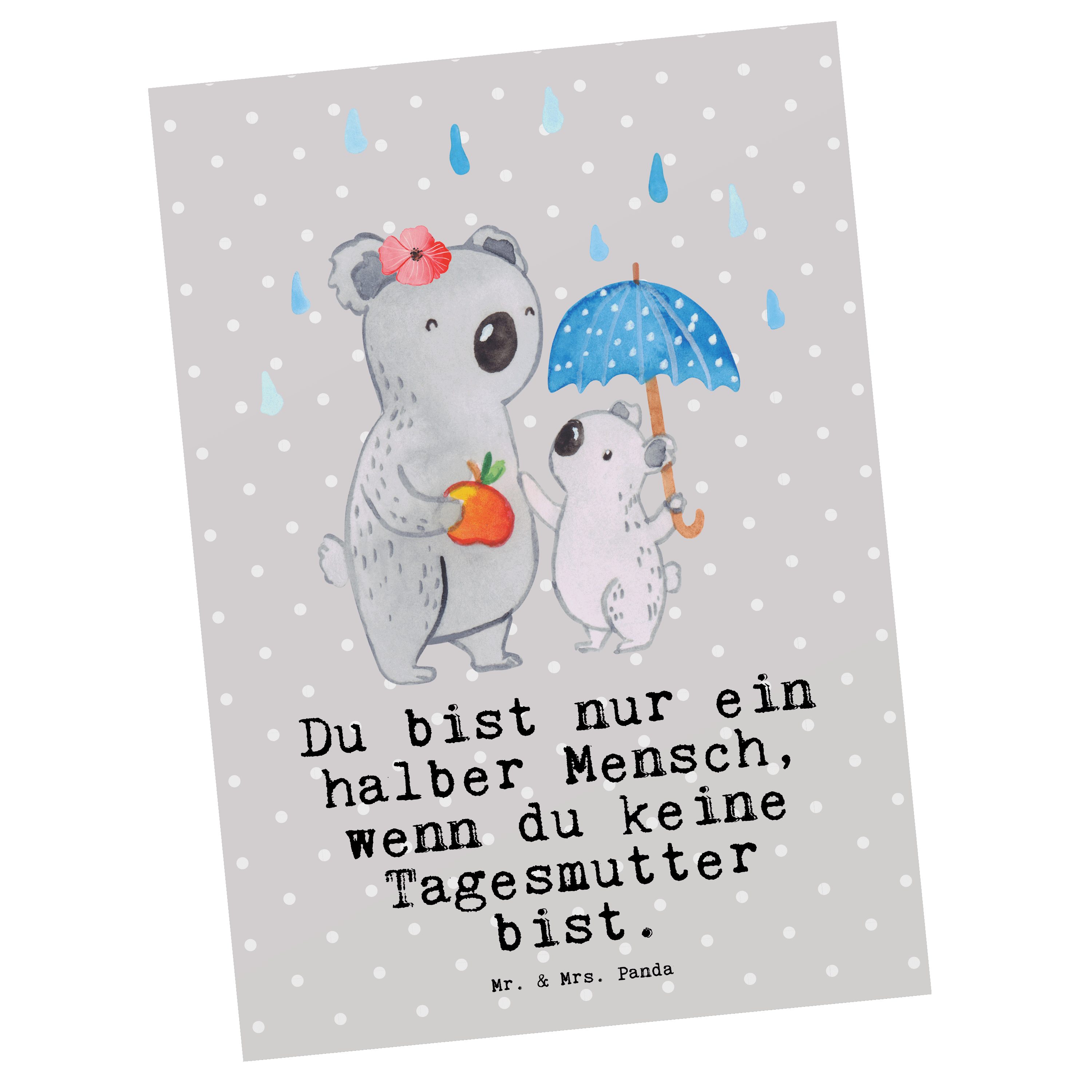 Mr. & Mrs. Panda Postkarte Tagesmutter mit Herz - Grau Pastell - Geschenk, Geburtstagskarte, Mit