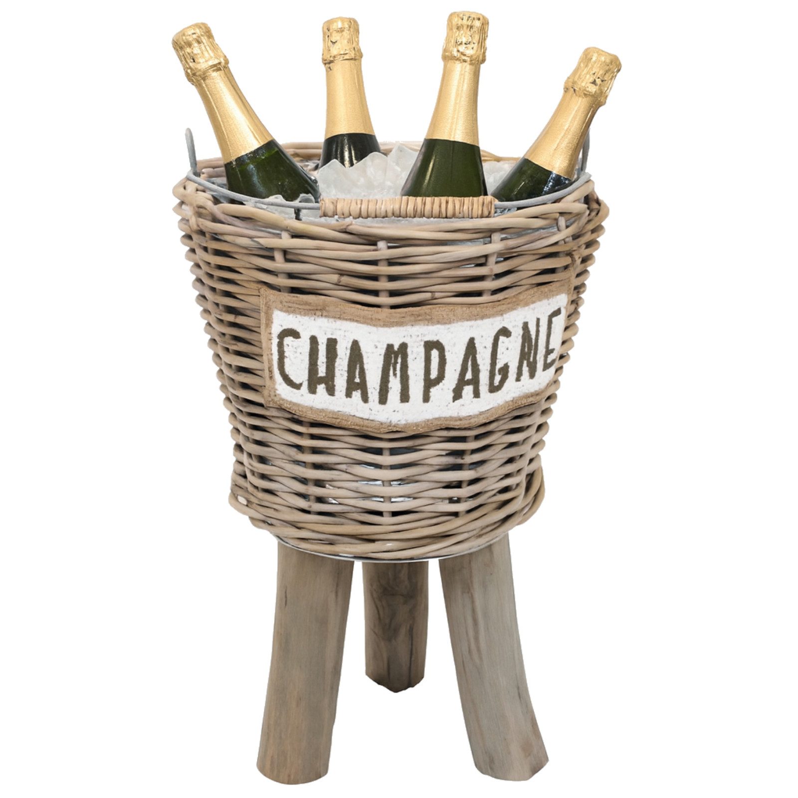 Van der Leeden Wein- und Sektkühler 52 cm Holzfuß Rattan Blecheimer Natur Jute Handmade, Eiskühler, Rattan, Flaschenkühler, Handmade, Sekteimer