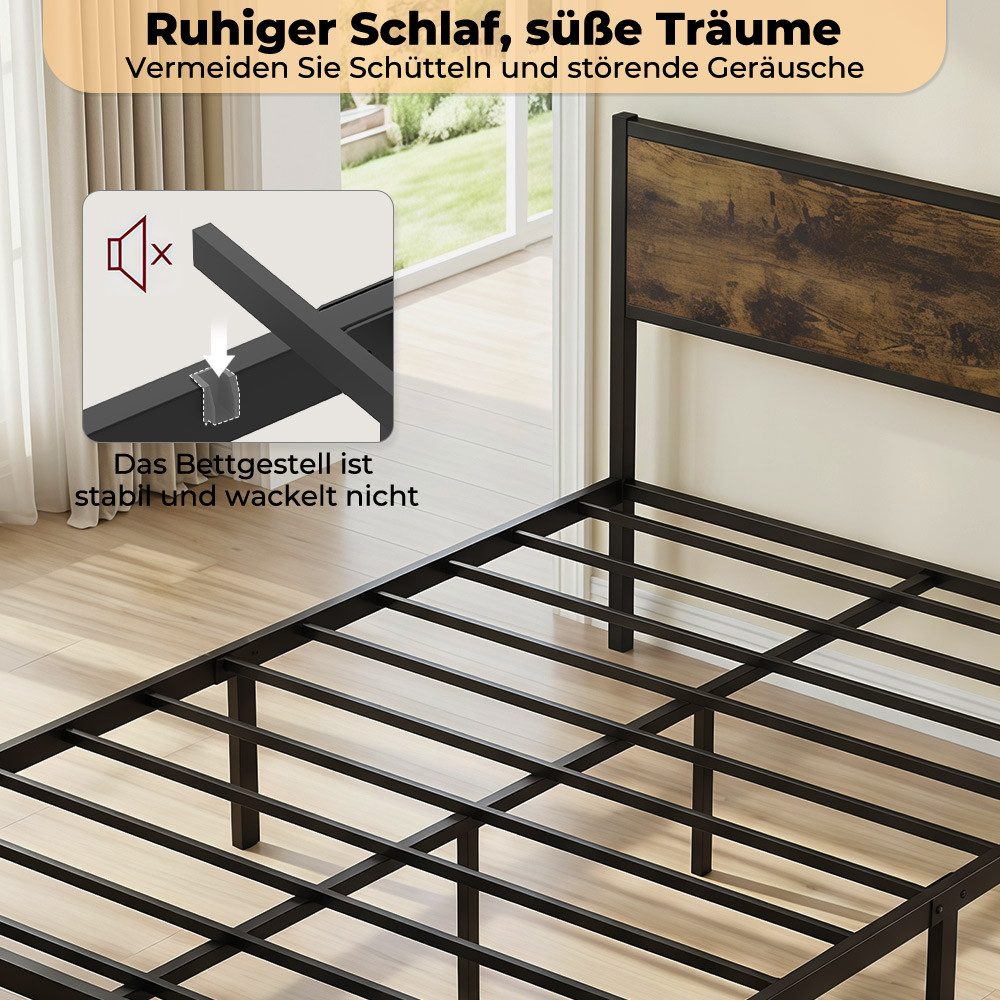 PFCTART Metallbett Bettgestell 140x200 Vintage, Stahl & MDF, Holzoptik für Betten (Set, 1-tlg., Industriedesign, wasser- & kratzfest, betten, bettrahmen & lattenroste), 360 kg Tragkraft, 90 cm Kopfteil, 27 cm Bodenfreiheit, schwarz