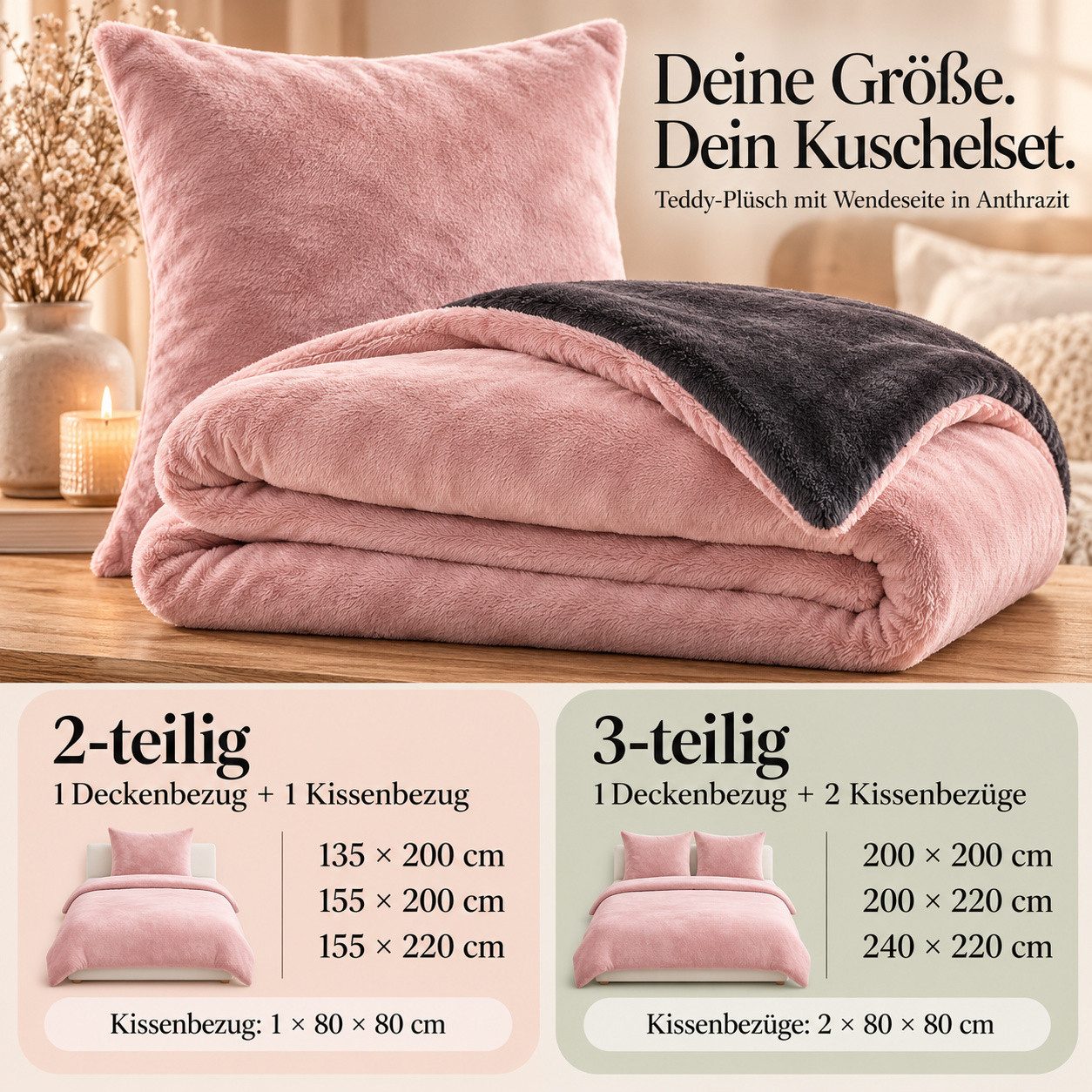 Leonado Vicenti Bettwäsche Winter Teddy Plüsch Cashmere Touch, Fleece, 3 teilig, flauschig warmes Nicky-Teddy-Plüsch, Einfarbig – Bild 4 von 5