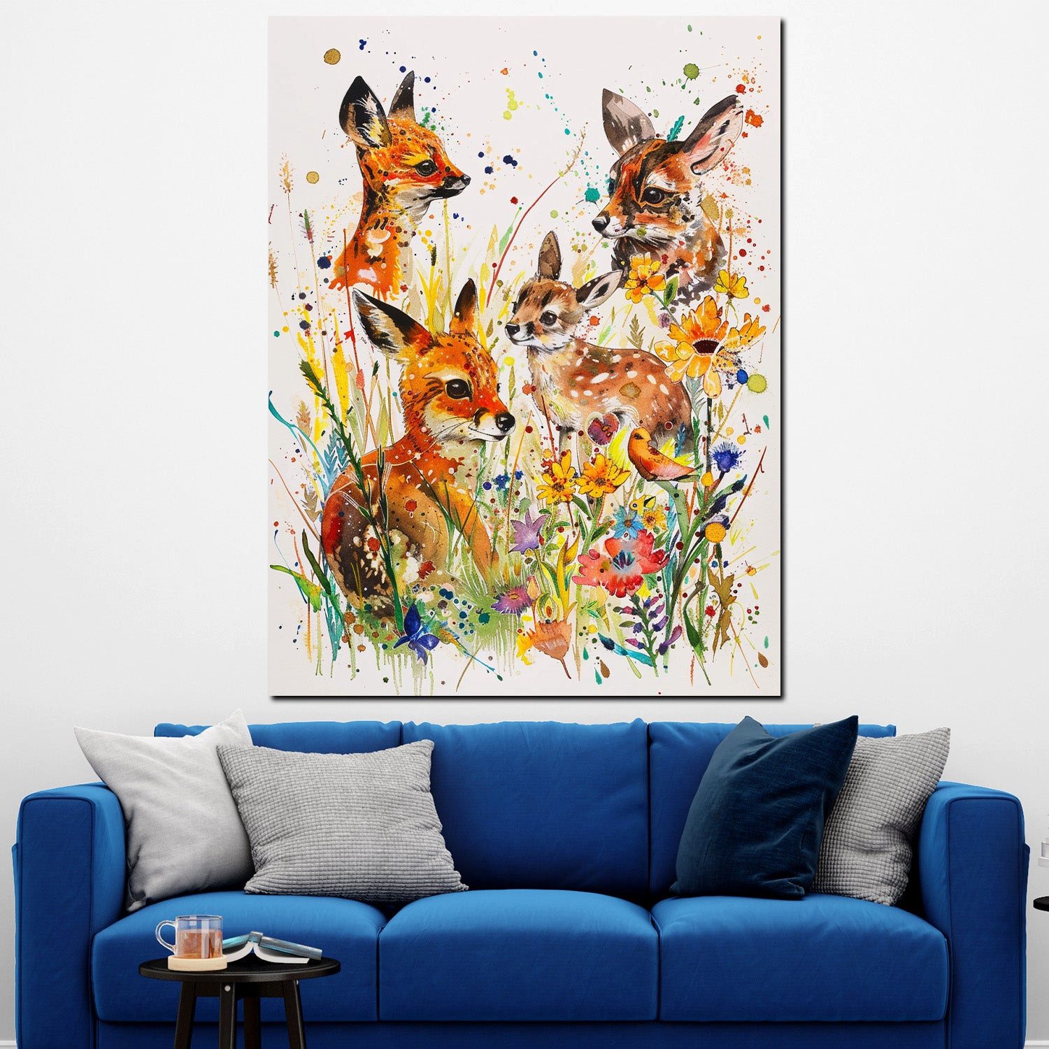 Artedinoi Leinwandbild Rehe im bunten Wald Aquarell Leinwandbild Wandbild XXL Deko, Rehe im bunten Wald