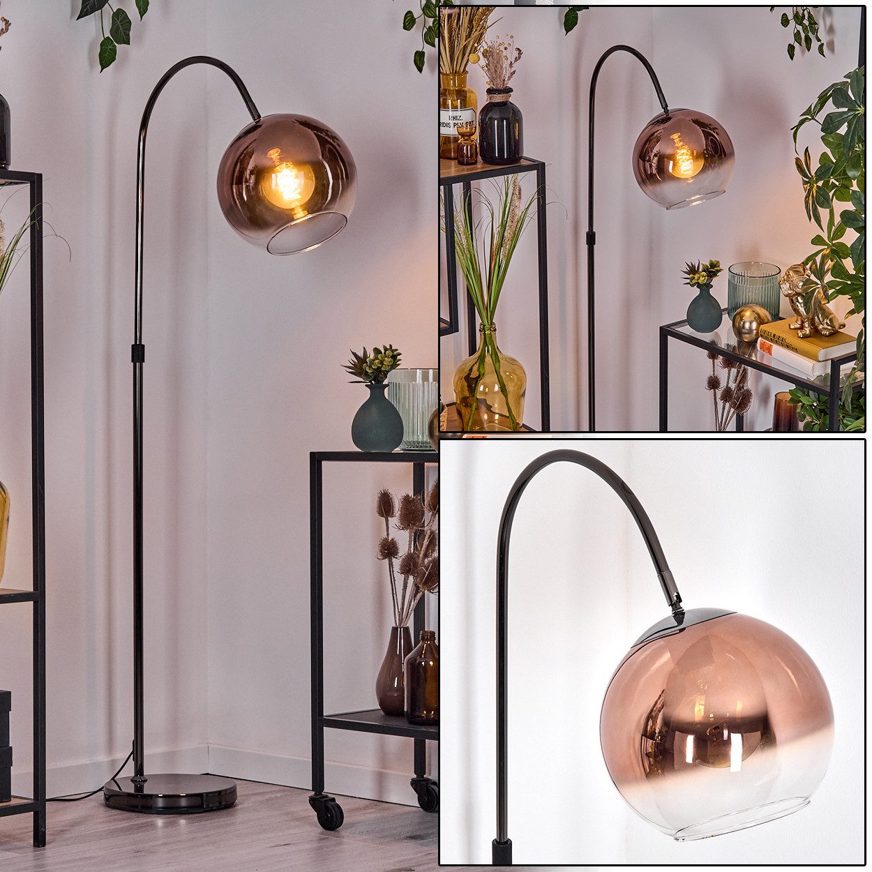 Stehlampe Stehlampe aus Metall/Glas in Schwarz/Chrom/Kupfer/Klar im Retro-Design