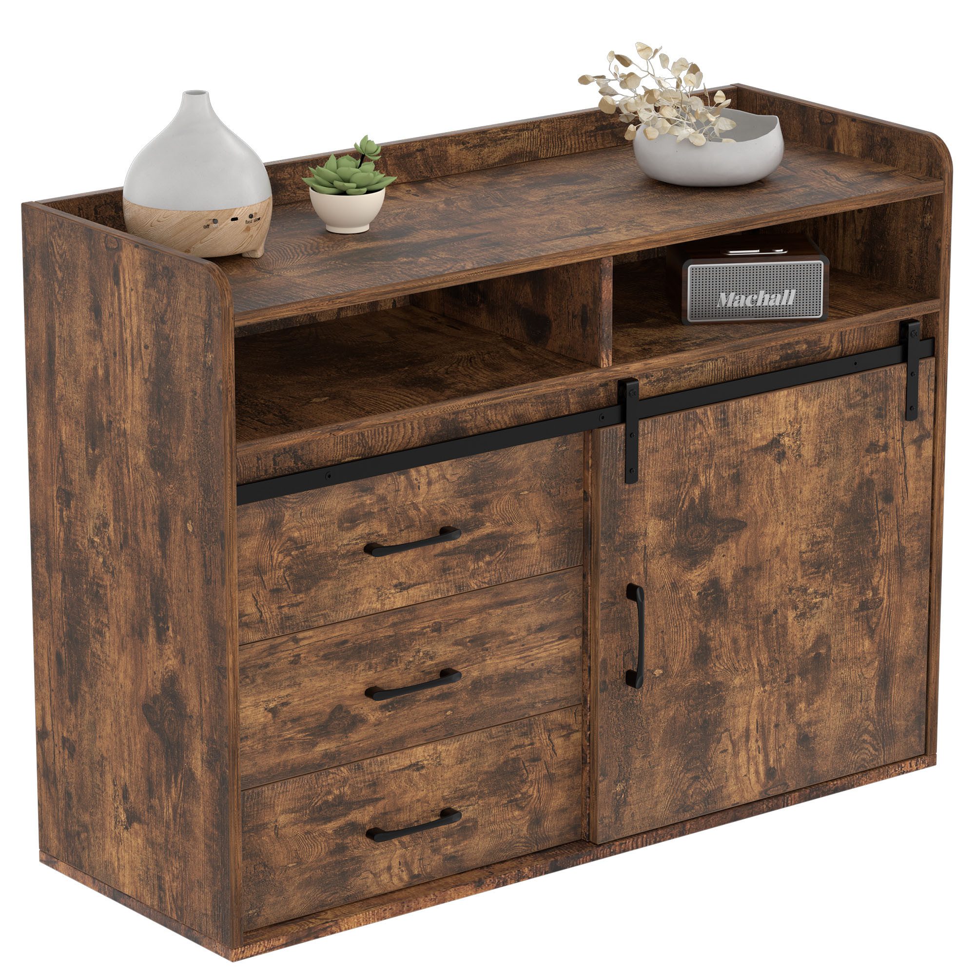 HOMAVO Sideboard HG1-S mit Schiebetür, 3 Schubladen & offenen Fächern, FSC-mix zertifiziert, Retro-Style