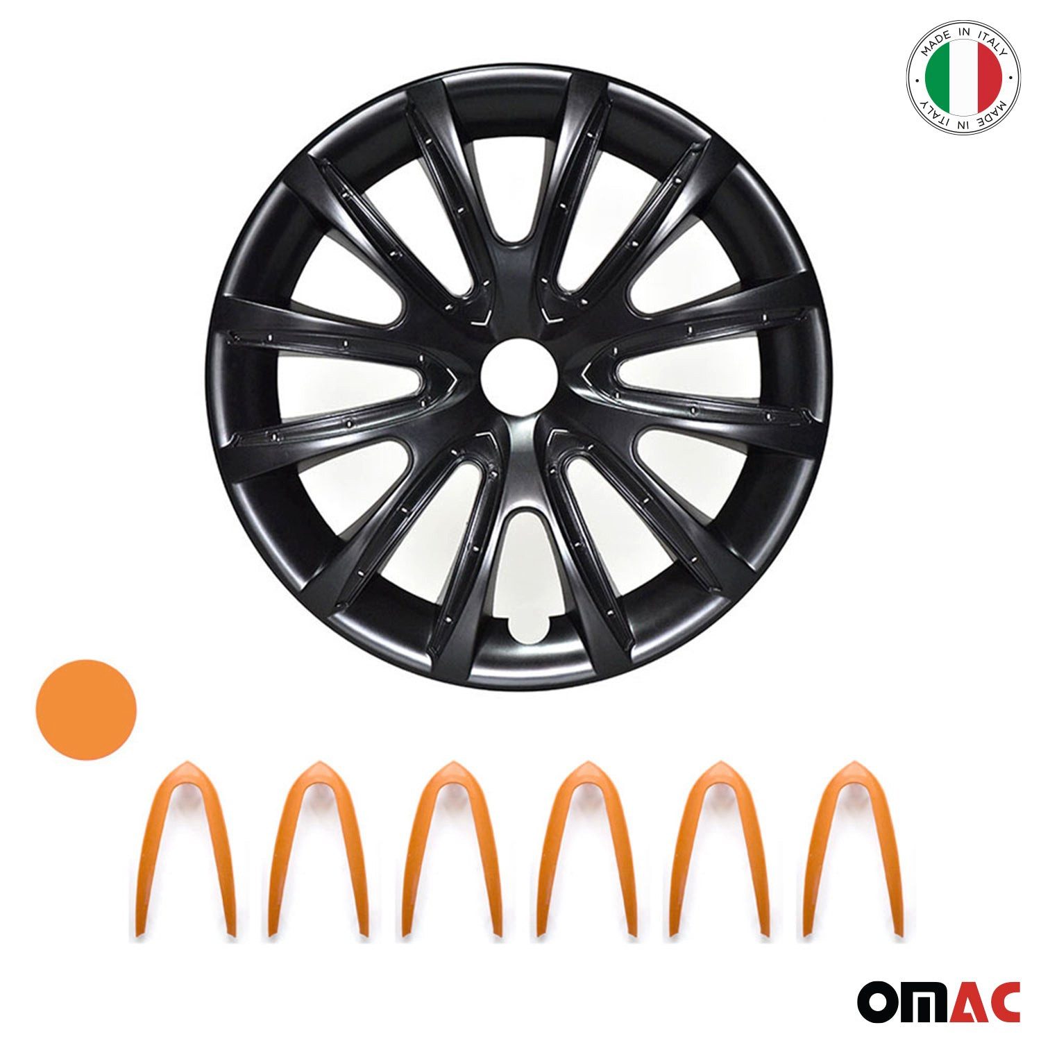OMAC Wheel Covers 4x Wheel Covers 16 inch Black & Orange, (4-Piece Set) Easy Installation, Lightweight, Car Wash Safe