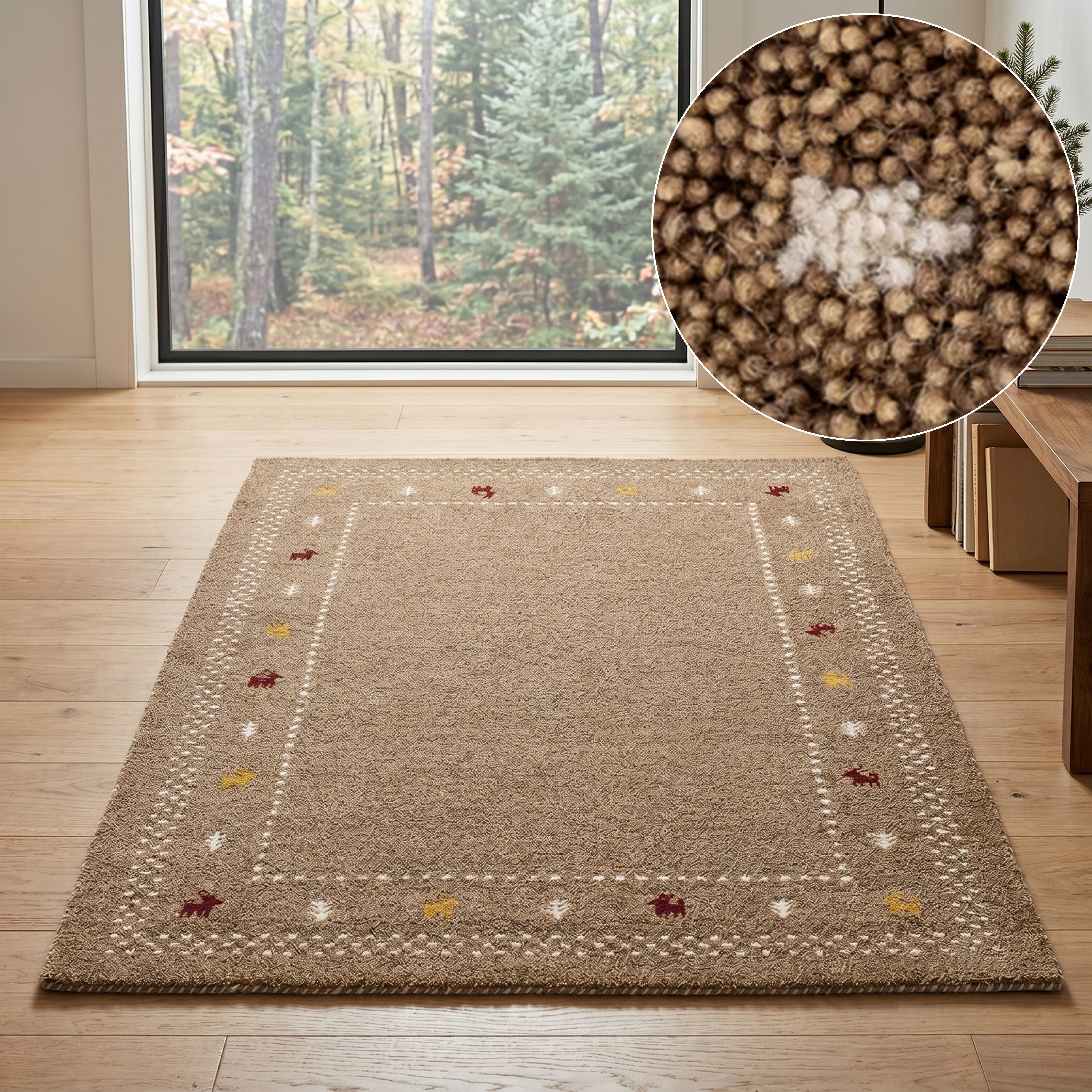 THEKO Wollteppich Gabbeh Bordüre, Handgefertigt, Teppich, Tiermotiv, reine Wolle, rechteckig, Höhe: 14 mm, Wohnzimmer, Schlafzimmer, Esszimmer