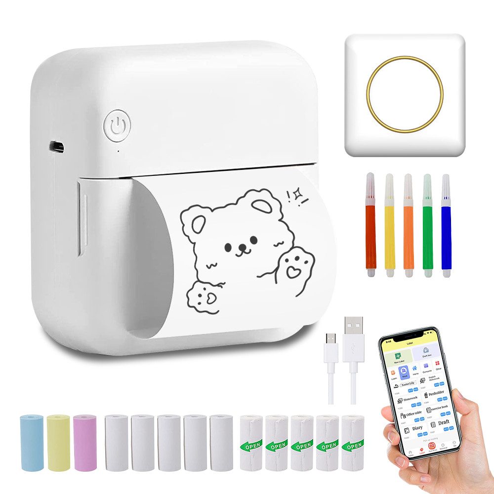 Mini Thermodrucker Bluetooth – Tragbar, Mit 13 Rollen Papier & Farbstiften, Für Fotos, Notizen, Etiketten & Kinder-Malspaß (tintenlos)