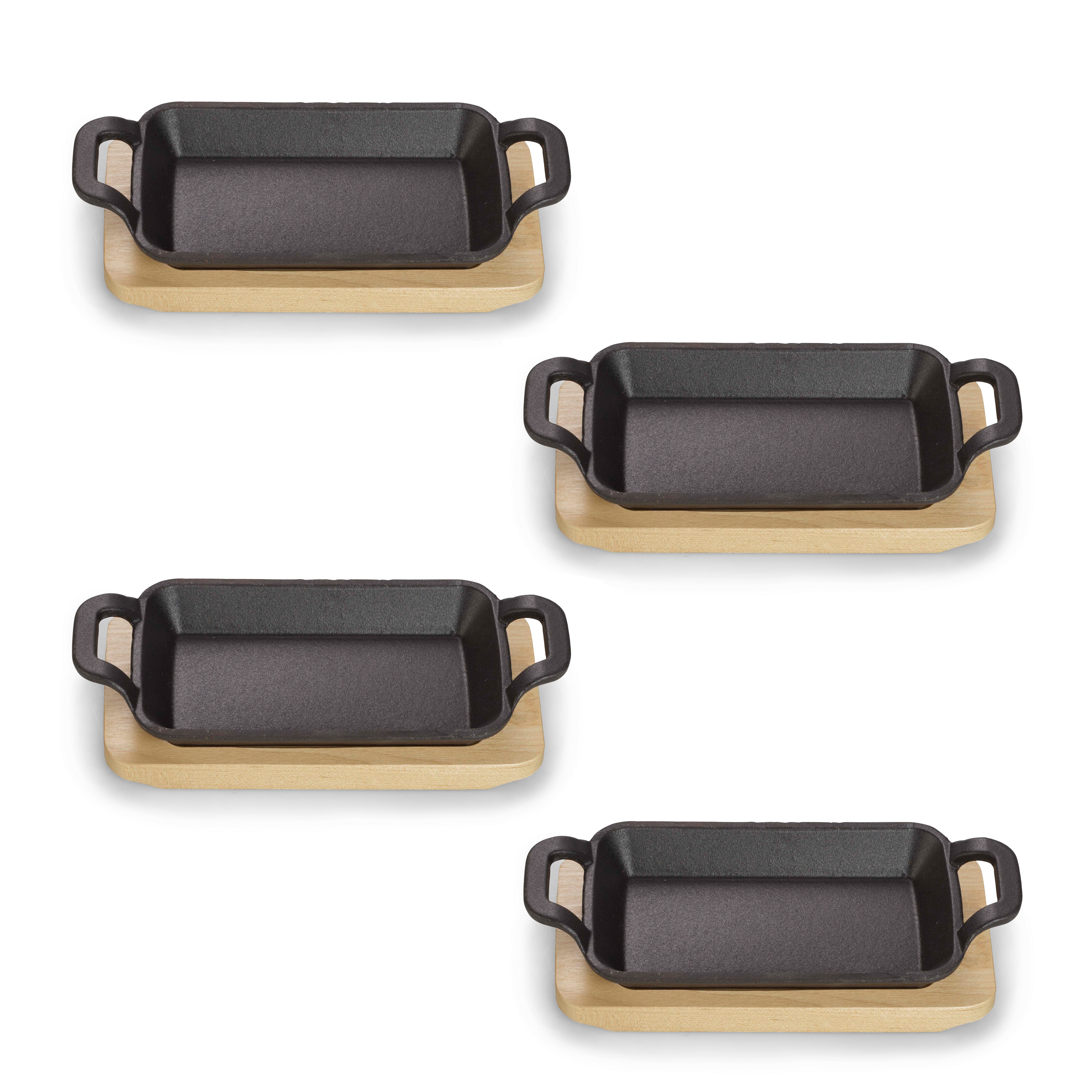 ECHTWERK Servierpfanne 4x Rechteckige Servierschale, Gusseisen (Set, 4-tlg), inkl. dekorativem Servierbrett, bereits eingebrannt