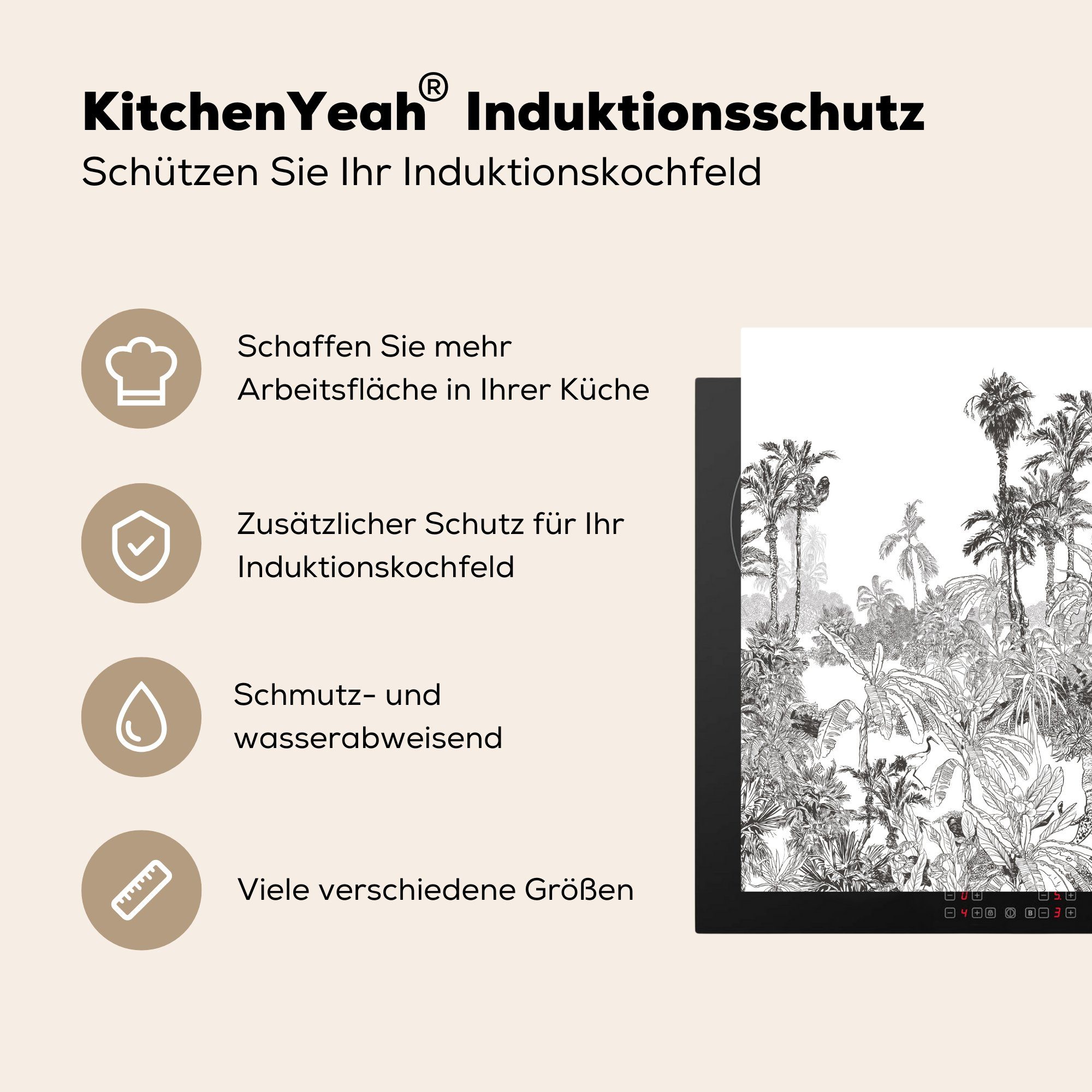 küche Schwarz Ceranfeldabdeckung, MuchoWow (1 cm, Weiß, für Vinyl, Herdblende-/Abdeckplatte tlg), - 78x78 - Dschungel Arbeitsplatte
