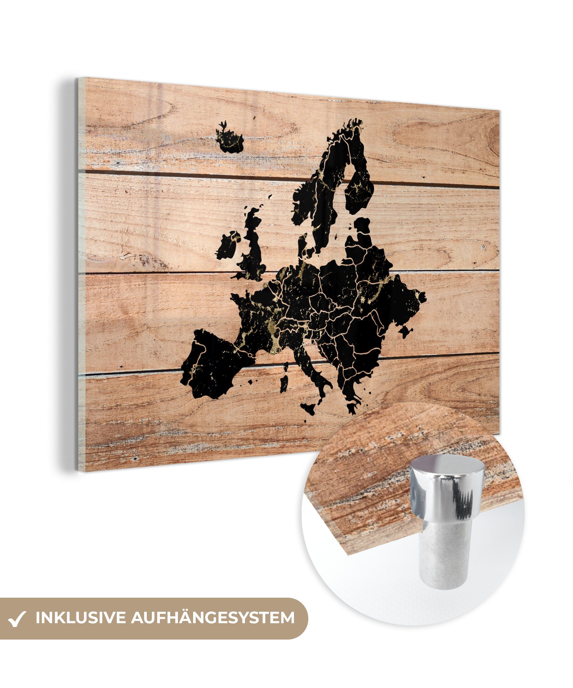 MuchoWow Acrylglasbild Karte - Europa - Holz, (1 St), Acrylglasbilder Wohnzimmer & Schlafzimmer