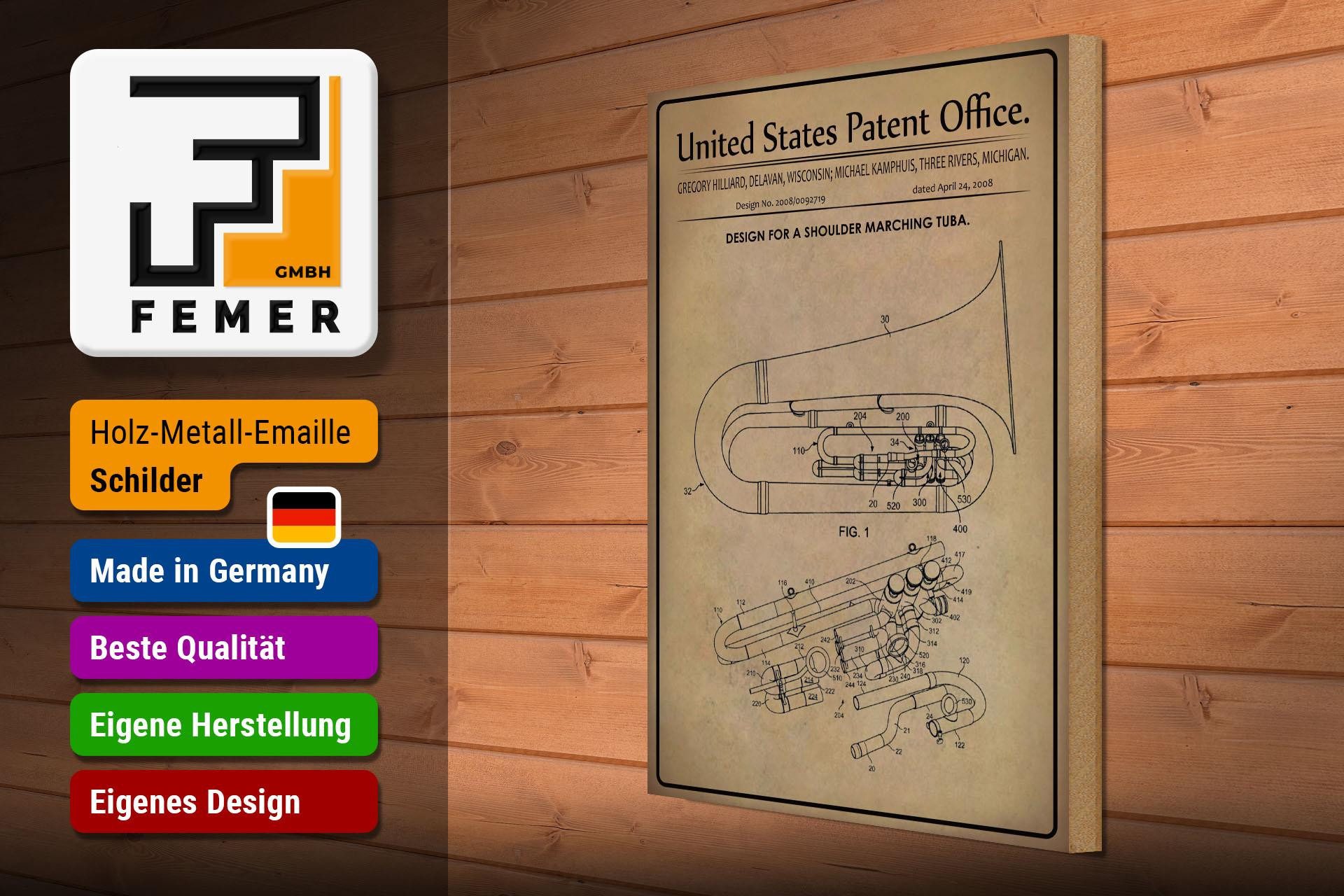 Femer GmbH Holzbild Patent 30x40 cm Entwurf für eine Tuba, (1 St), Glatte Holzfaserplatte (MDF), vorn beschichtet