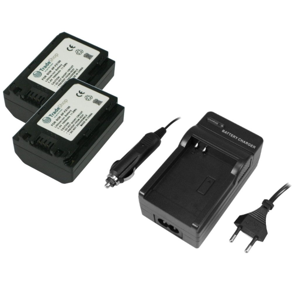 Trade-Shop 3in1 Set passend für Sony Alpha 8S III 9 A7R3 A7R4 A7 Ladegerät + 2x Kamera-Akku Li-Ion 1600 mAh (7,4 V), Für 220V Steckdose und 12V/24V Kfz Zigarettenanzünder
