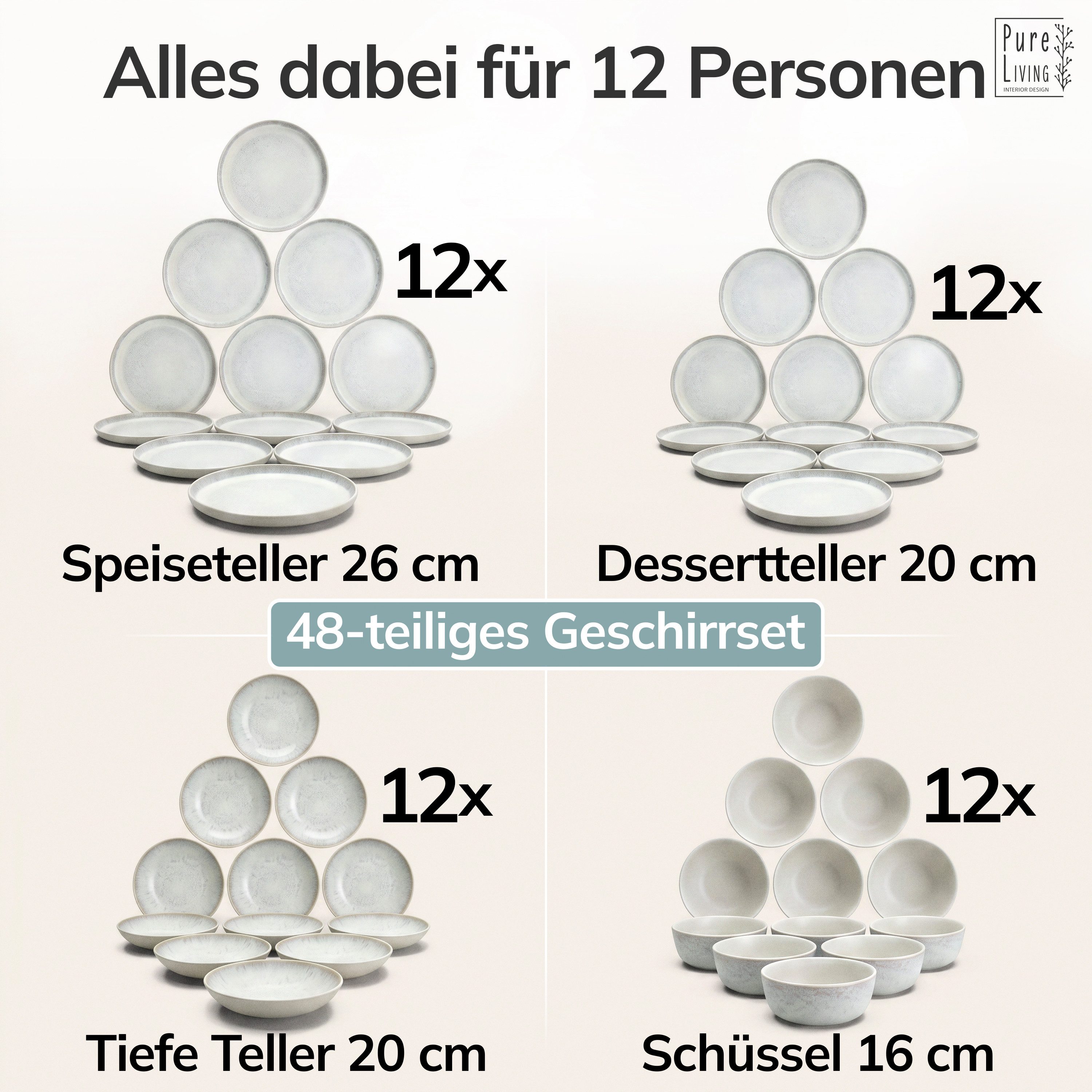PURE LIVING INTERIOR DESIGN Geschirr-Set Ibiza aus Steingut, 48-tlg., für 12 Personen, Beige (48-tlg), 12 Personen, Steingut – Bild 5 von 5