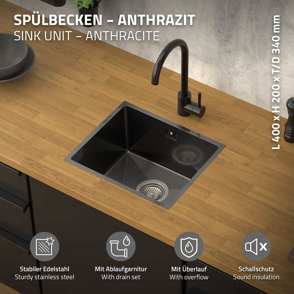 ML-DESIGN Küchenspüle Spülbecken aus Edelstahl, mit Ab- und Überlaufgarnitur & Siphon, 40/34 cm, Anthrazit Einzelbecken Waschbecken Küche Spüle Edelstahlspüle