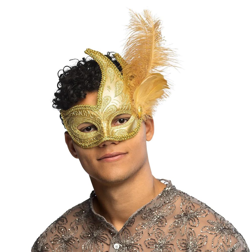 Boland Verkleidungsmaske Augenmaske Venice Prezioso goldfarben venezianische Maske mit Feder, Feine Ornamente, Satinband, echte Hahnen- und Straußenfeder