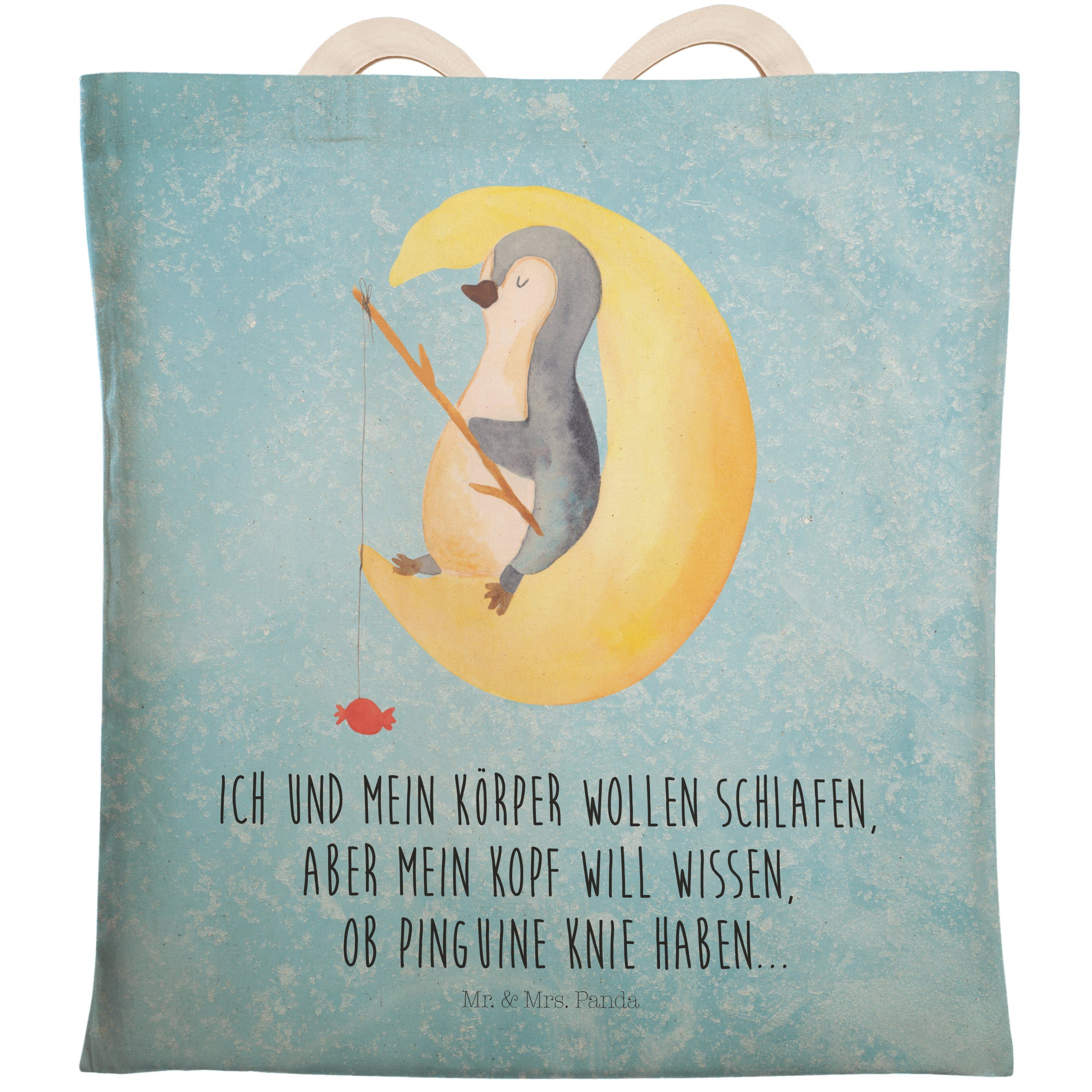 Mr. & Mrs. Panda Tragetasche Pinguin Mond - Eisblau - Geschenk, müde, Nachtruhe, Tragetasche, Shop (1-tlg)