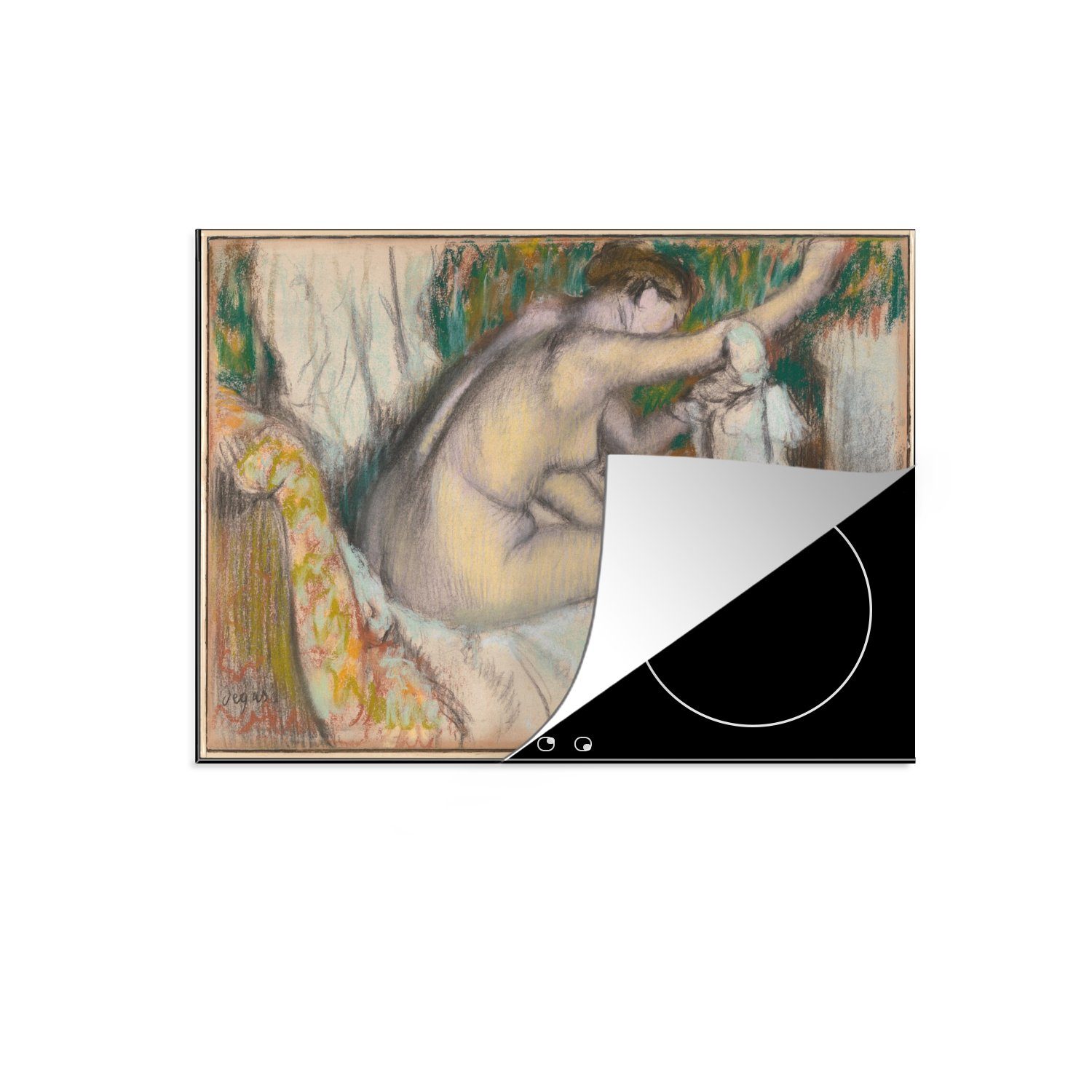 MuchoWow Herdblende-/Abdeckplatte Frau trocknet ihren Arm - Gemälde von Edgar Degas, Vinyl, (1 tlg), 71x52 cm, Induktionskochfeld Schutz für die küche, Ceranfeldabdeckung | Herdabdeckplatten