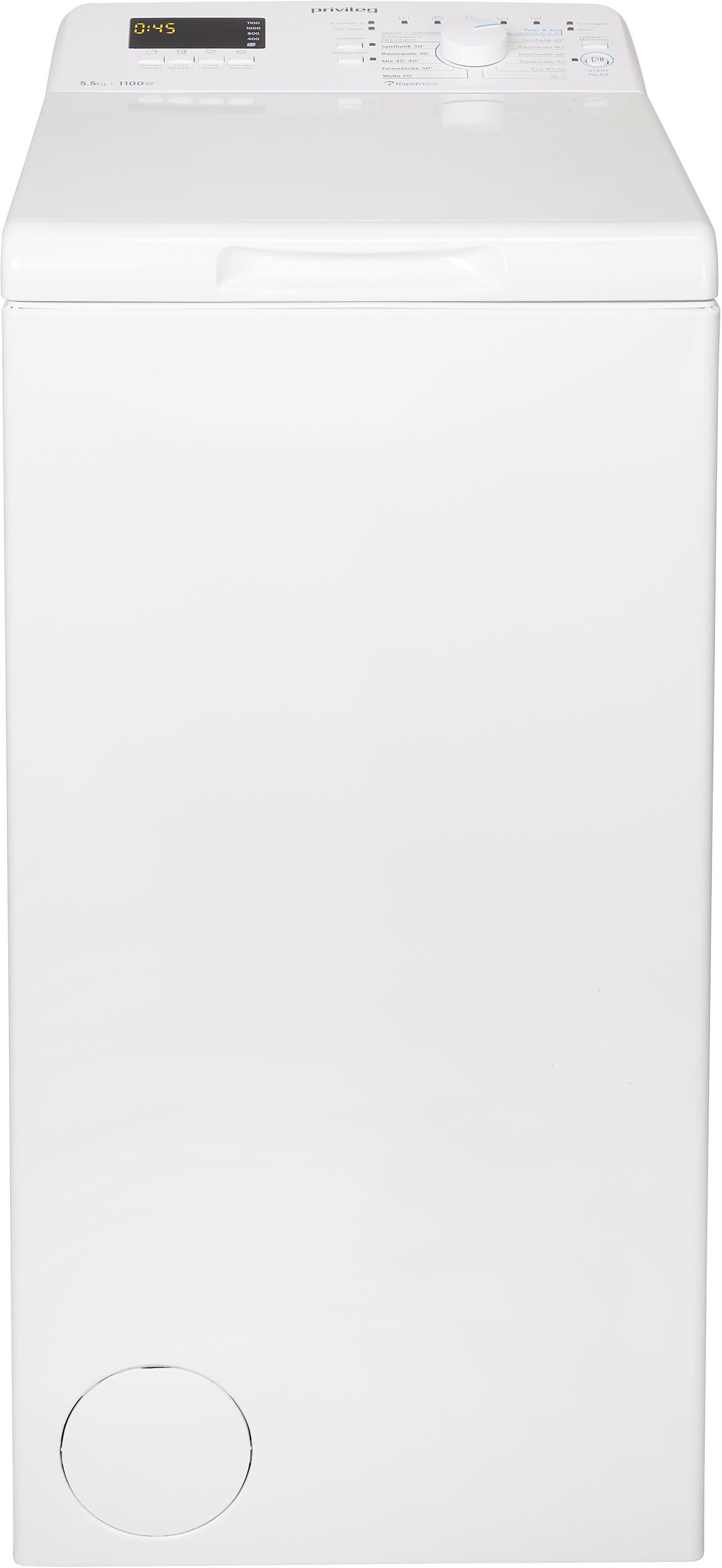 Privileg Waschmaschine Toplader PWT LC55 DE, 5,5 kg, 1100 U/min, Turn&Go, Rapid Wash, Mix 45 min. bei voller Beladung, extra Spülen