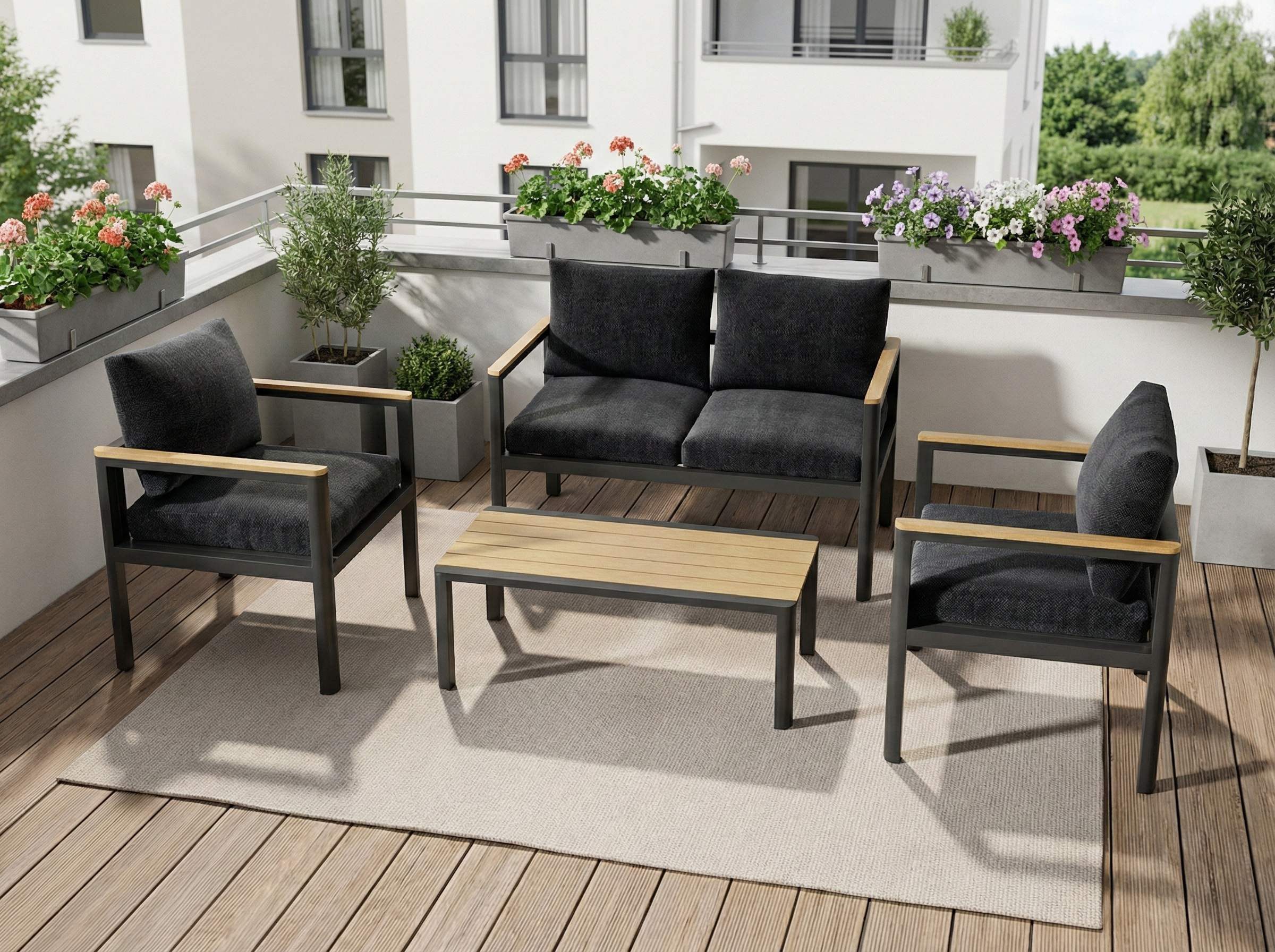 MeXo Gartenlounge-Set Gartenmöbel Set Aluminium, (Garten Sitzgruppe für 4 Personen, 4-tlg., Belastbarkeit pro Sitzplatz 140kg), wetterfest, abnehmbare Kissen, Polywood-Tischplatte