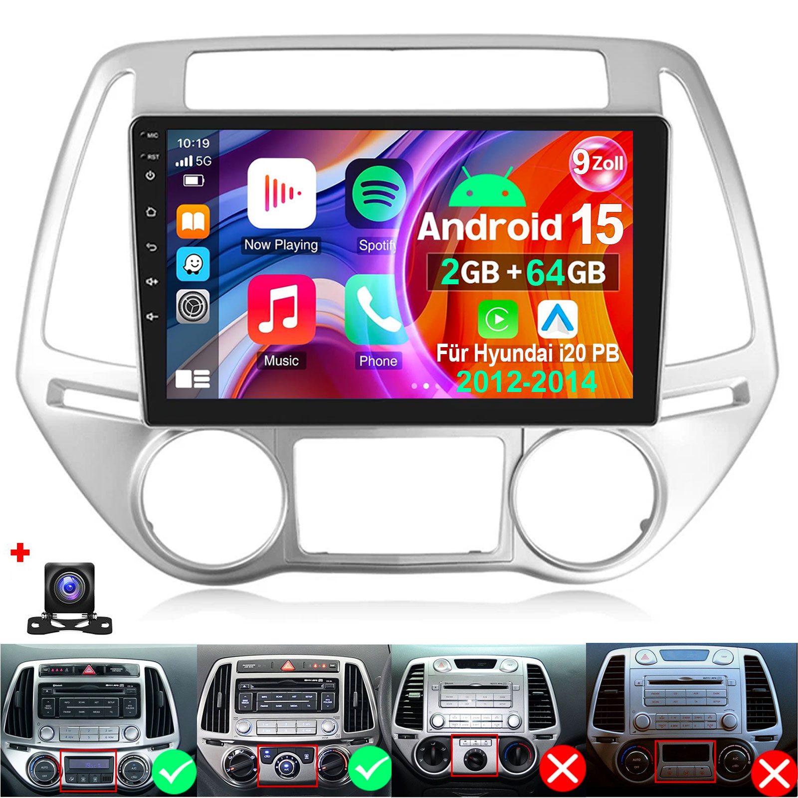 ESSGOO Android 15 Für Hyundai i20 PB 2012-2014 Carplay GPS Navi WIFI RDS Autoradio (DAB (optional), DAB+ (optional), 4+64GB(optional), RDS, AM, FM, Carplay Android Auto Bluetooth EQ USB GPS Navi WIFI Touchscreen)