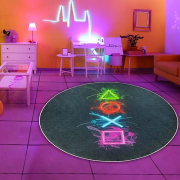 Teppich Gaming Teppich mit neonfarbigen Symbolen, TeppichHome24, rechteckig