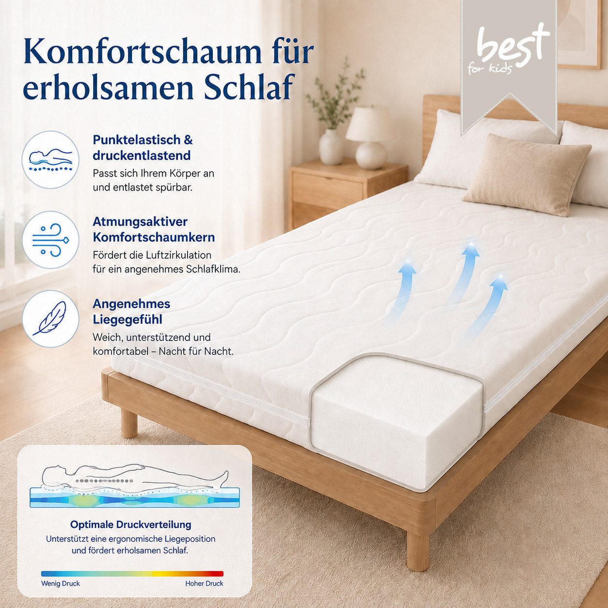 Kindermatratze Easy Active Kaltschaummatratze 90x200 cm mit Bezug, Best for Home, 10 cm hoch, (Einzelartikel, 60x120 70x140 80x160 80x180 90x200 140x200 180x200 – Bild 2 von 5