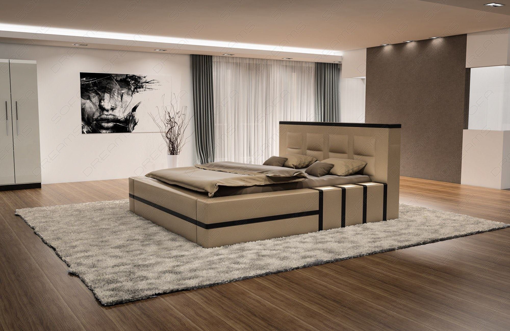 Sofa Dreams LED Komplettbett Boxspringbett Topper, mit Bett Beleuchtung, sandbeige-schwarz mit LED Beleuchtung Kunstleder Premium Matratze, mit mit Asti