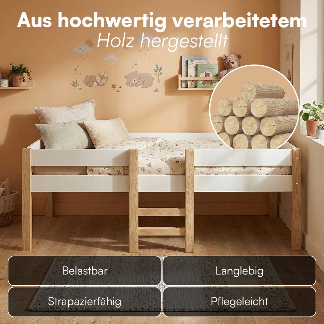 Bellabino Hochbett Aspy mit Rausfallschutz und Lattenrost 90x200 cm (natur / weiß, mit Matratze) verfügbar in verschiedenen Ausführungen – Bild 5 von 5