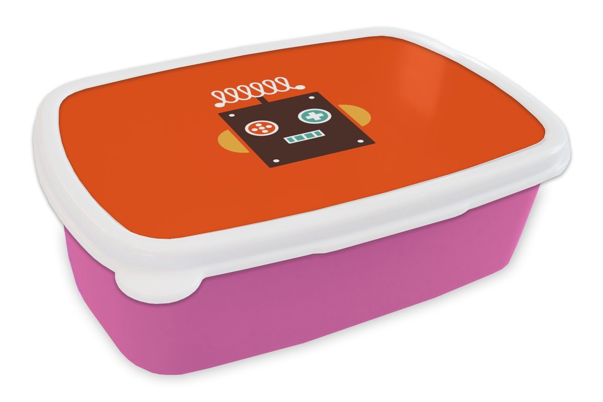 MuchoWow Lunchbox Roboter - Formen - Gesicht - Orange - Jungen - Kinder, Kunststoff, (2-tlg), Brotbox für Erwachsene, Brotdose Kinder, Snackbox, Mädchen, Kunststoff rosa