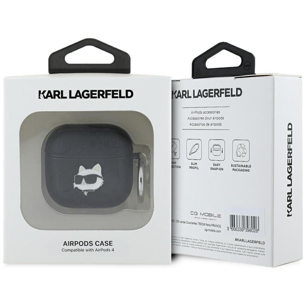 KARL LAGERFELD Kopfhörer-Schutzhülle Case AirPods 4 Kunststoff schwarz Logo Metall Katze, Kantenschutz