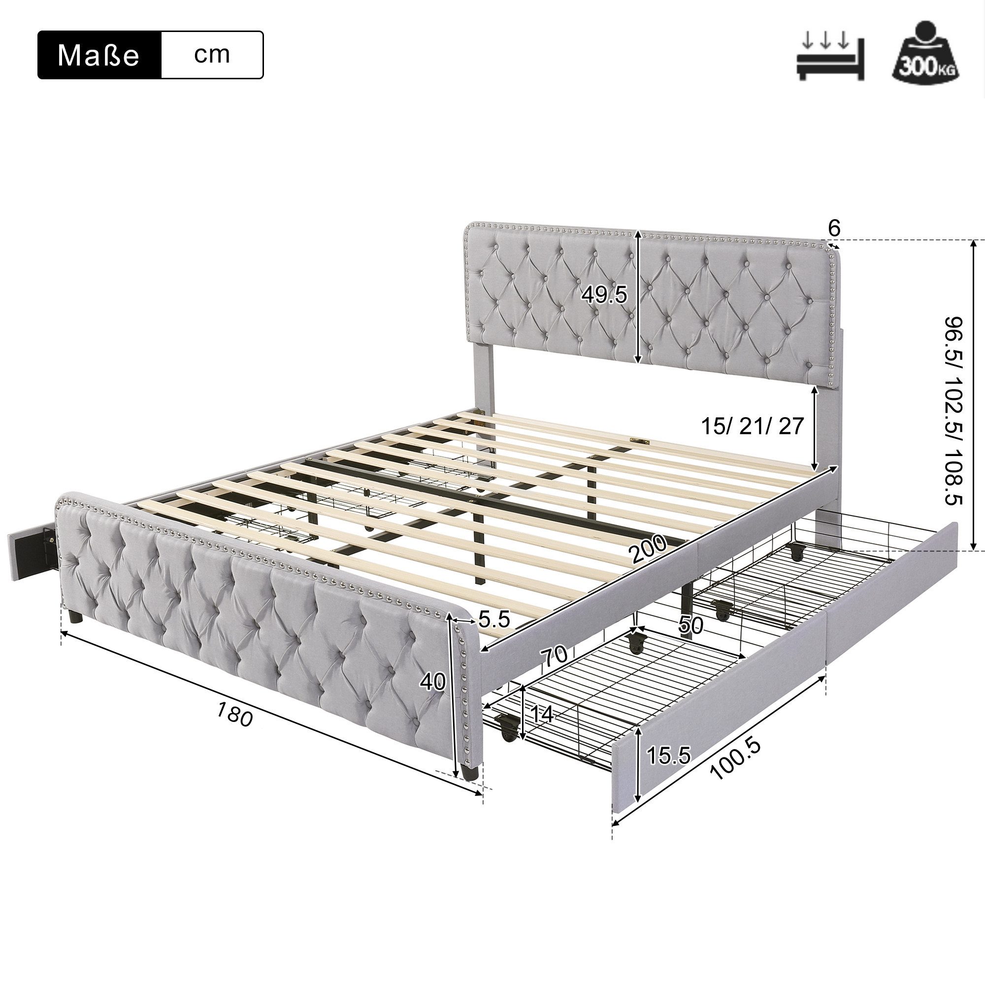 HAUSS SPOLE Polsterbett 180x200cm mit 4 Schubladen,höhenverstellbares Kopft günstig online kaufen