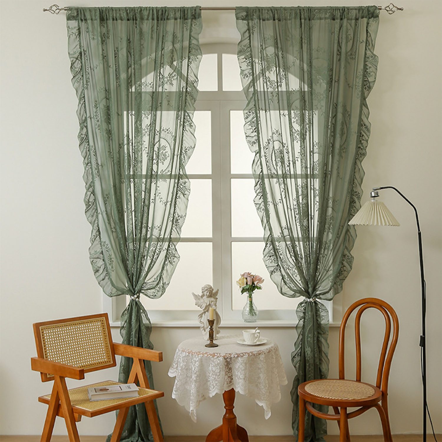 Refttenw Gardine Olivgrüne Spitzenvorhänge, Vintage Blumenstickerei günstig online kaufen