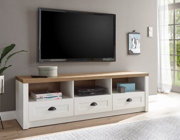 Furn.Design Lowboard Seyne (TV Unterschrank in Pinie weiß und Eiche hell, 160 x 47 cm), 3 Schubladen mit Vollauszug, Muschelgriffe in schwarz