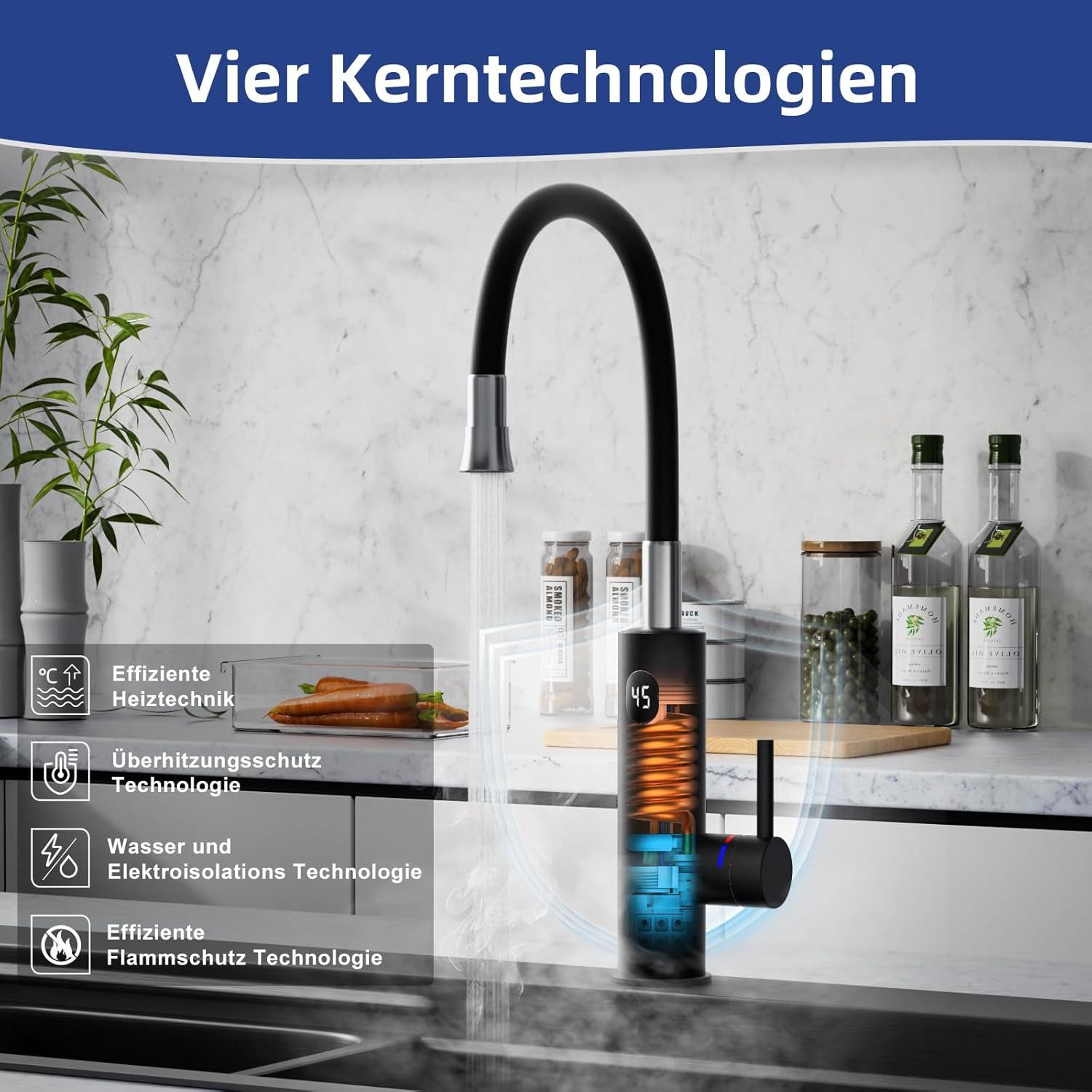 Oihpaw Durchlauferhitzer Elektrische Durchlauferhitzer, 360° Schwenkbar Armatur, 3000W, Kurzhebel, 1 St., Temperaturanzeige elektrischer Wasserhahn Küchenarmatu – Bild 3 von 5