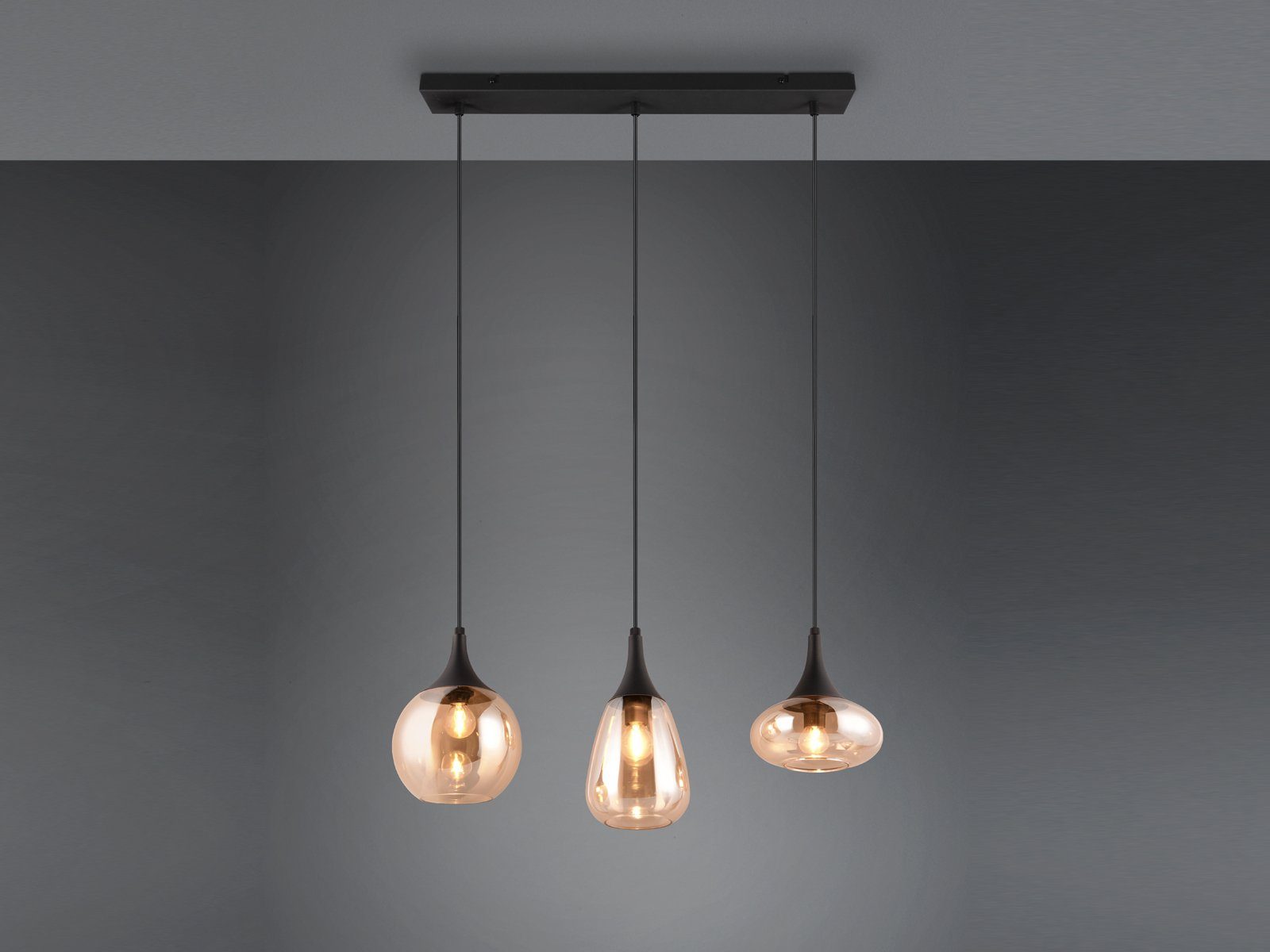 TRIO Leuchten LED Pendelleuchte Glas Bernsteinfarbig, Breite 69cm, dimmbar, LED wechselbar, warmweiß, ausgefallene Hänge-Lampe Esstisch dreiflammig, Esszimmerlampe hängend