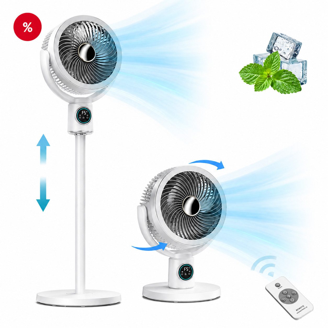 MOPUEA Standventilator 3 in1 Tischventilator Standventilator, flexibel höhenverstellbar, 12h Timer & 7 Stufen, mit Fernbedienung, mit Aromabox, mit LED-Display