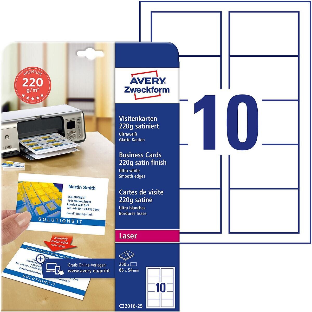 Avery Zweckform Visitenkarten C32016-25, ultraweiß satiniert, ohne Perforation, 220 g/m²